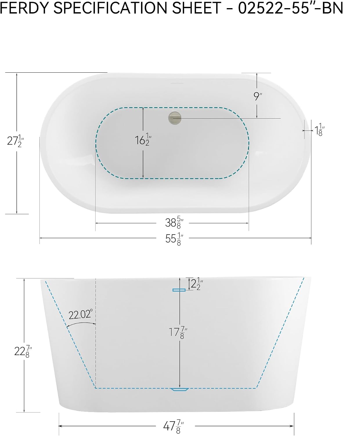 FerdY Luzon 55' Acrylic Freestanding Bathtub with Headrest, Ergonomic Lightweight Classic Oval Soaking Bathtub with Brushed Nickel Drain, Minimalist Linear Design Overflow& Bathtub Pillow