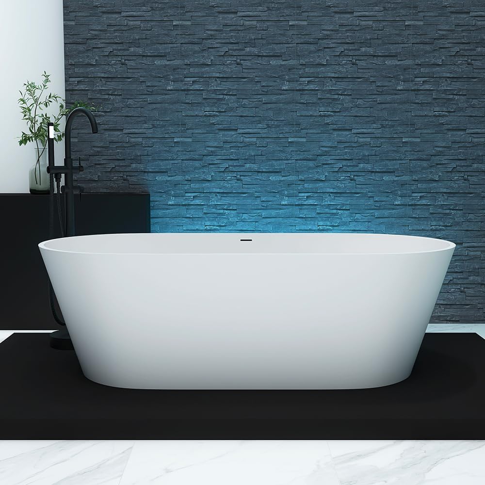 63'' Freestanding Solid Surface Resin Stone Bathtub, Freestanding Tub, Contemporary Design Stand Alone Tub with Pop-up Drain and Overflow, cUPC Certified,
