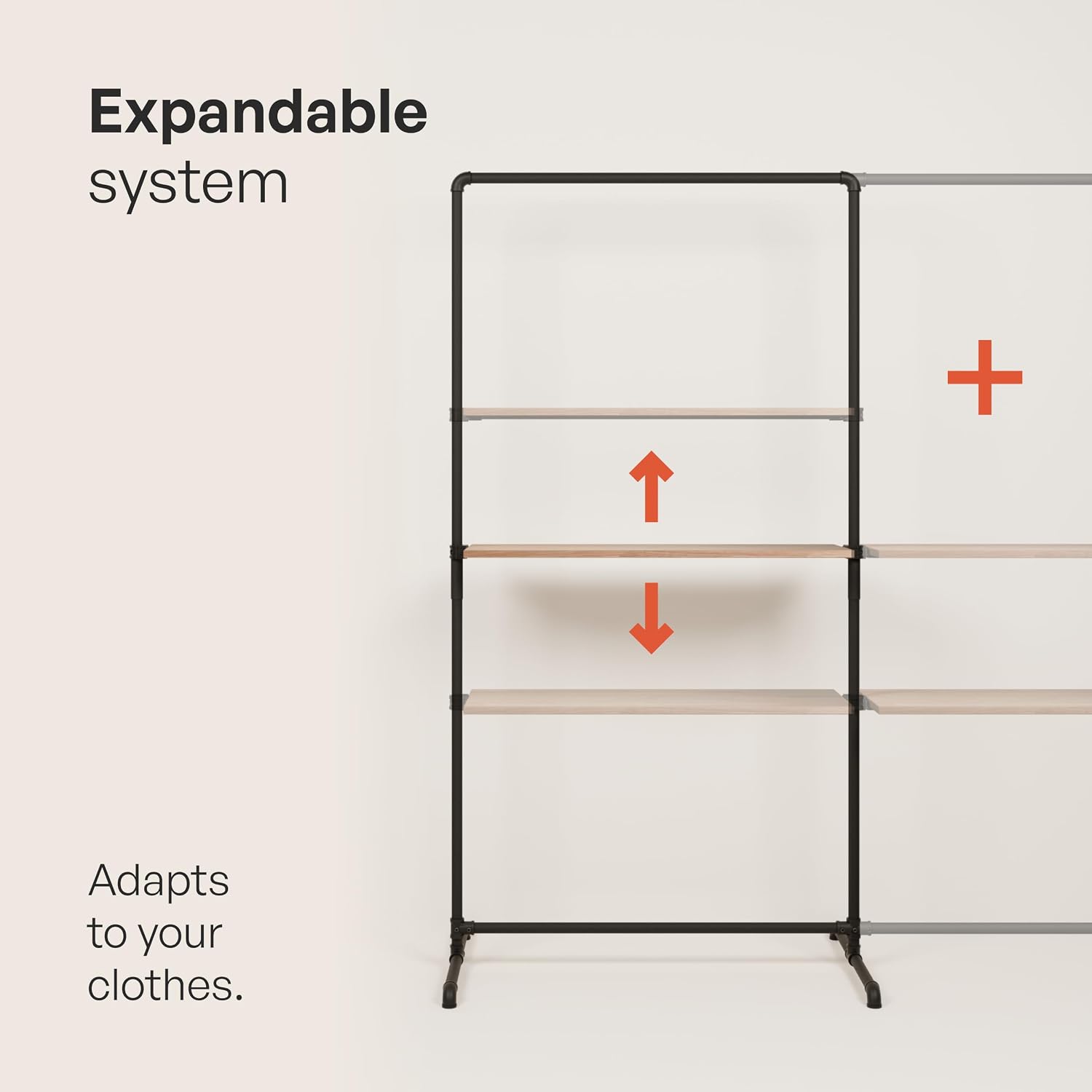 pamo Industrial Pipe Clothing Rack with Oak Shelf – 114' W x 76' H – Freestanding Metal Garment Rack for Bedroom, Walk-In Closet & Retail