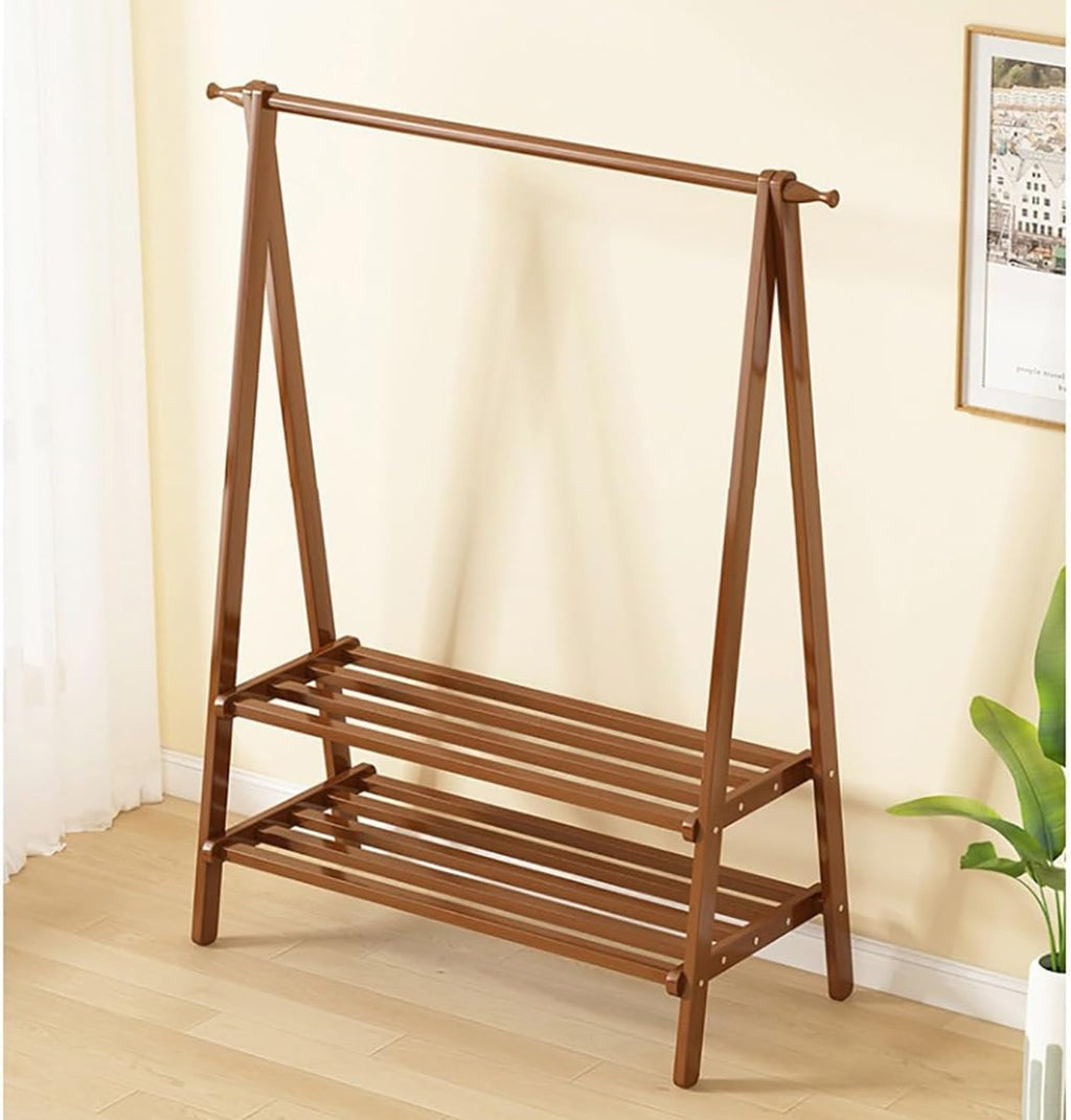 Coat Rack Stand With Shoe Storage Shelf Standing Height Adjustable Garment Rack For Hats Coats And Clothes Solid Wood Bamboo Metal Tree Design Easy Assembly And Collapsible Option,Brown 66*41*154Cm