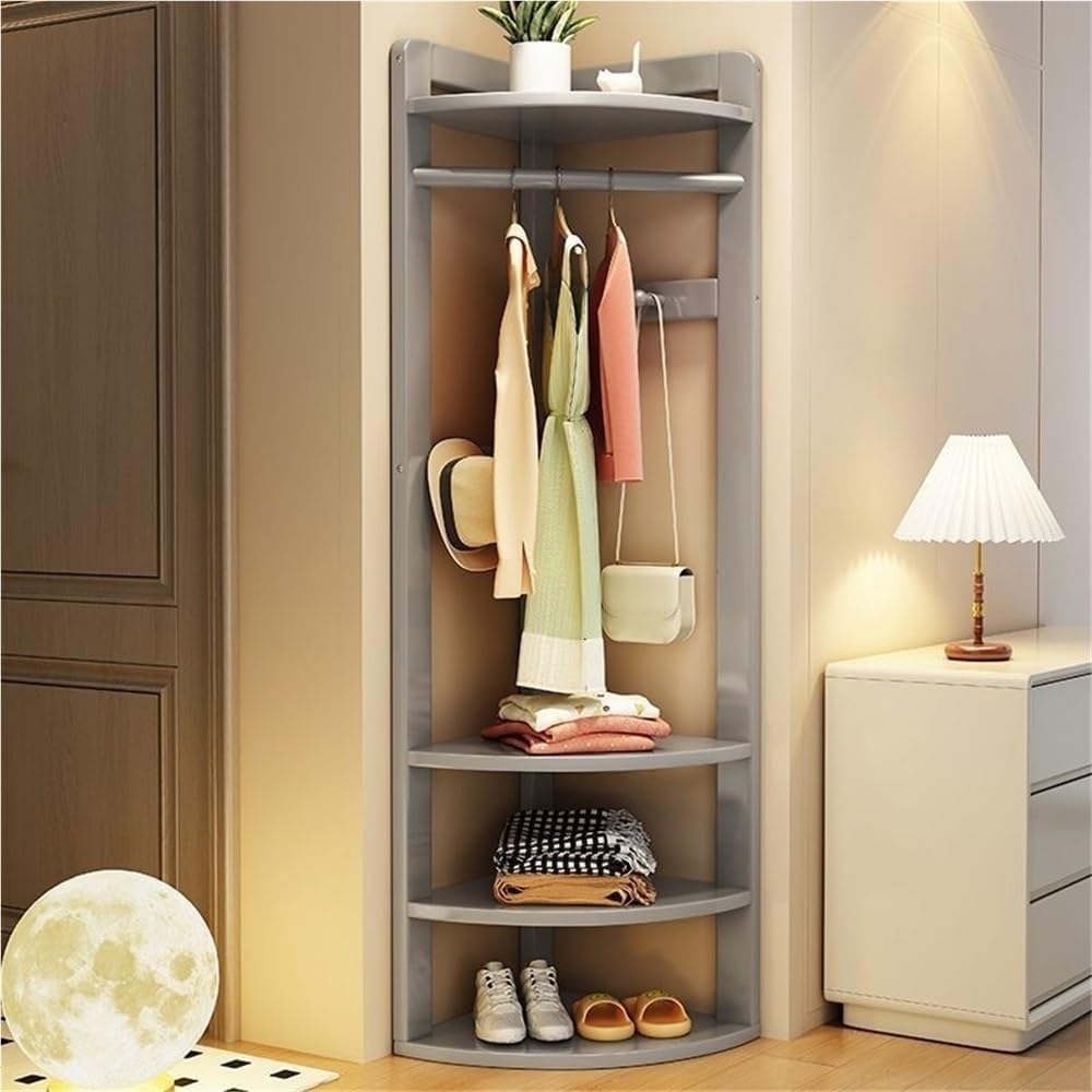 Wood Corner Coat Rack with Storage Shelf Clothing Rack Garment Racks with Rack for Entryway Living Room Solid Construction(Gray)