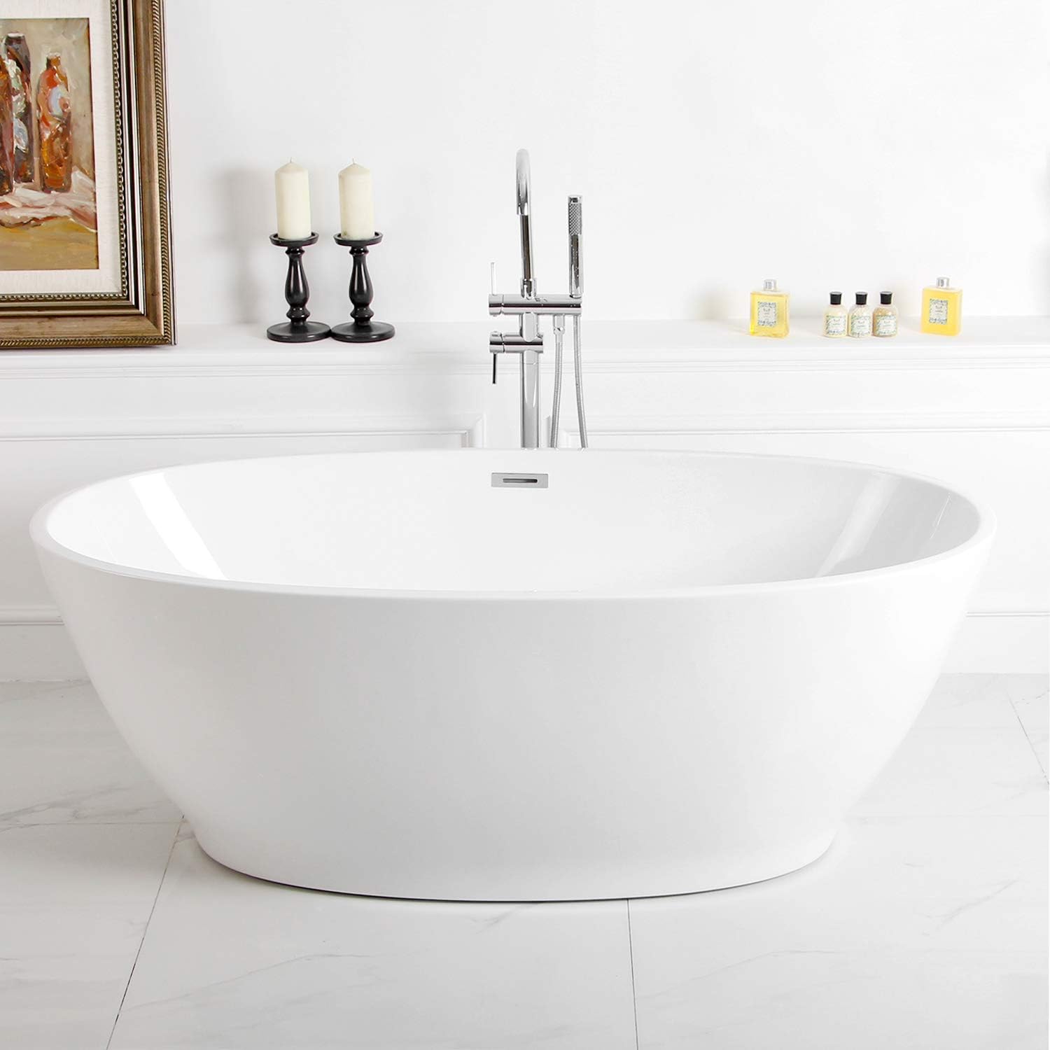 FerdY 65' Acrylic Freestanding Bathtub, Oval Contemporary Soaking Bathtub, Glossy White, cUPC Certified, Toe-Tap Chrome Drain & Overflow Assembly Included
