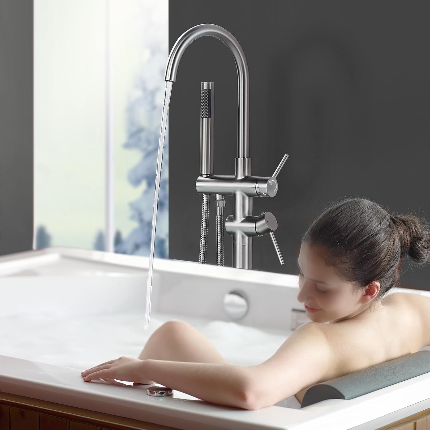 Freestanding Tub Filler Faucet, Floor Mount Brushed Nickel Bathtub Faucet with Single Handheld Shower, Brass Shower Tub Faucet Set Complete, Bathtub Faucet with Shower