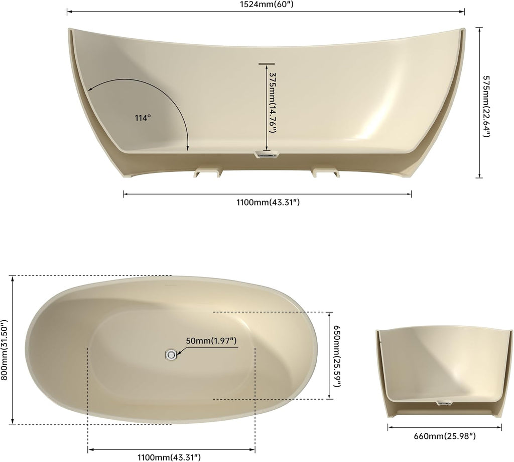 60' Acrylic Soaking Tub,Large Freestanding Bathtub, Free Standing Tub with Integrated Overflow and Drain, Soaker Tubs with Adjustable Legs, cUPC Certified, Latte color