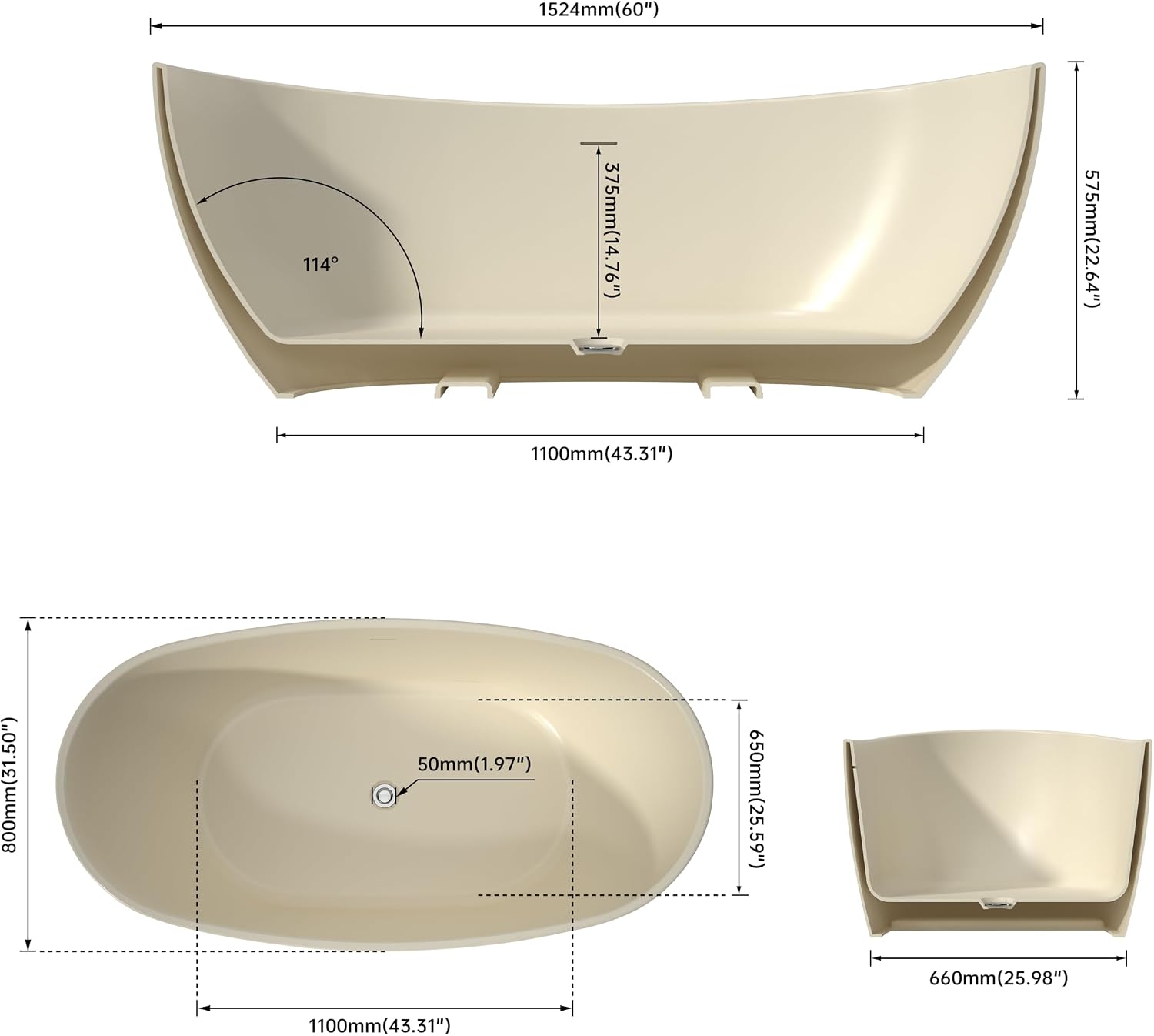 60' Acrylic Soaking Tub,Large Freestanding Bathtub, Free Standing Tub with Integrated Overflow and Drain, Soaker Tubs with Adjustable Legs, cUPC Certified, Latte color