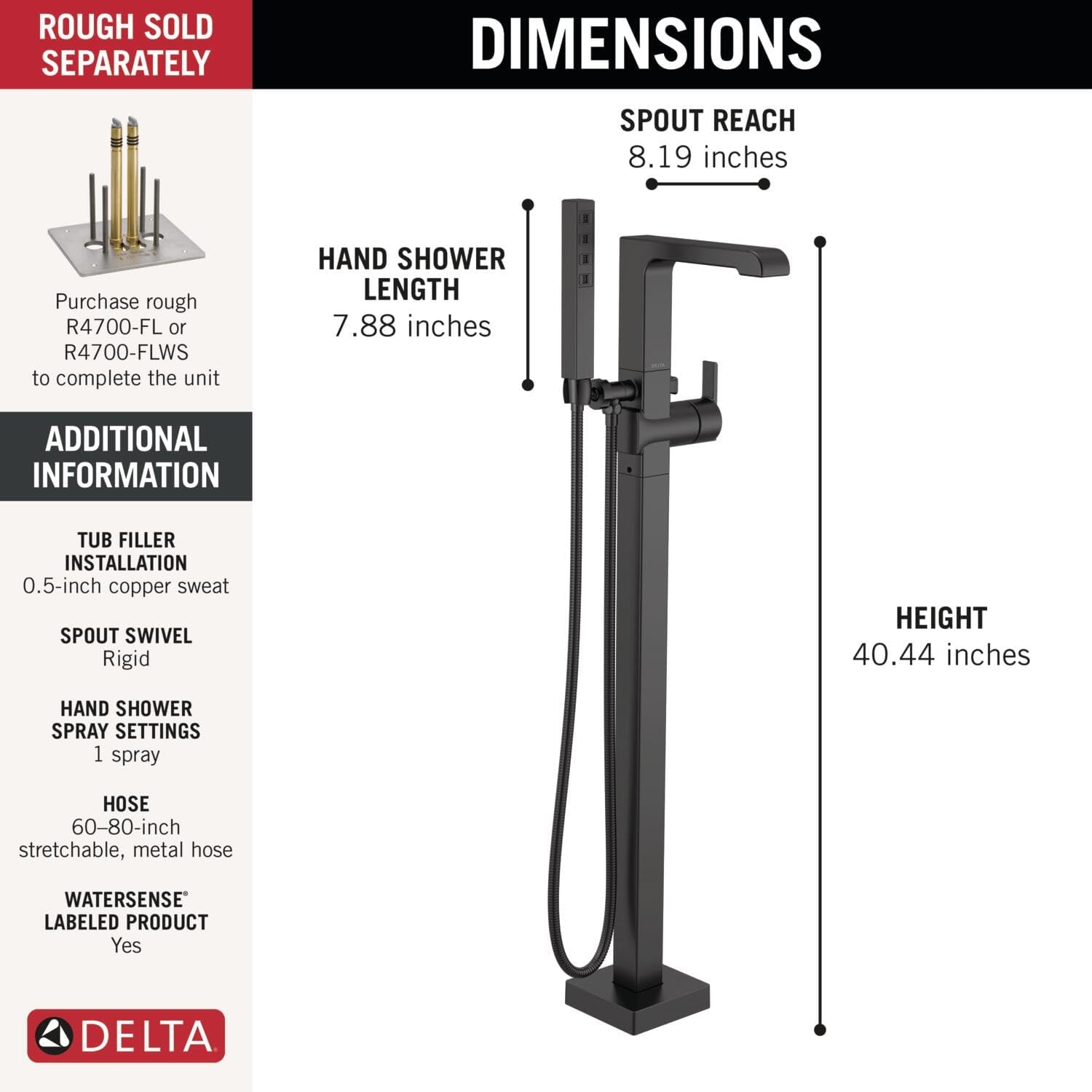 Delta Faucet Ara Floor Mount Tub Filler - Freestanding Roman Tub Spout with Handheld Shower - Flexible Shower Hose - Double Check Valves - Matte Black, T4767-BLFL (Rough Sold Separately)