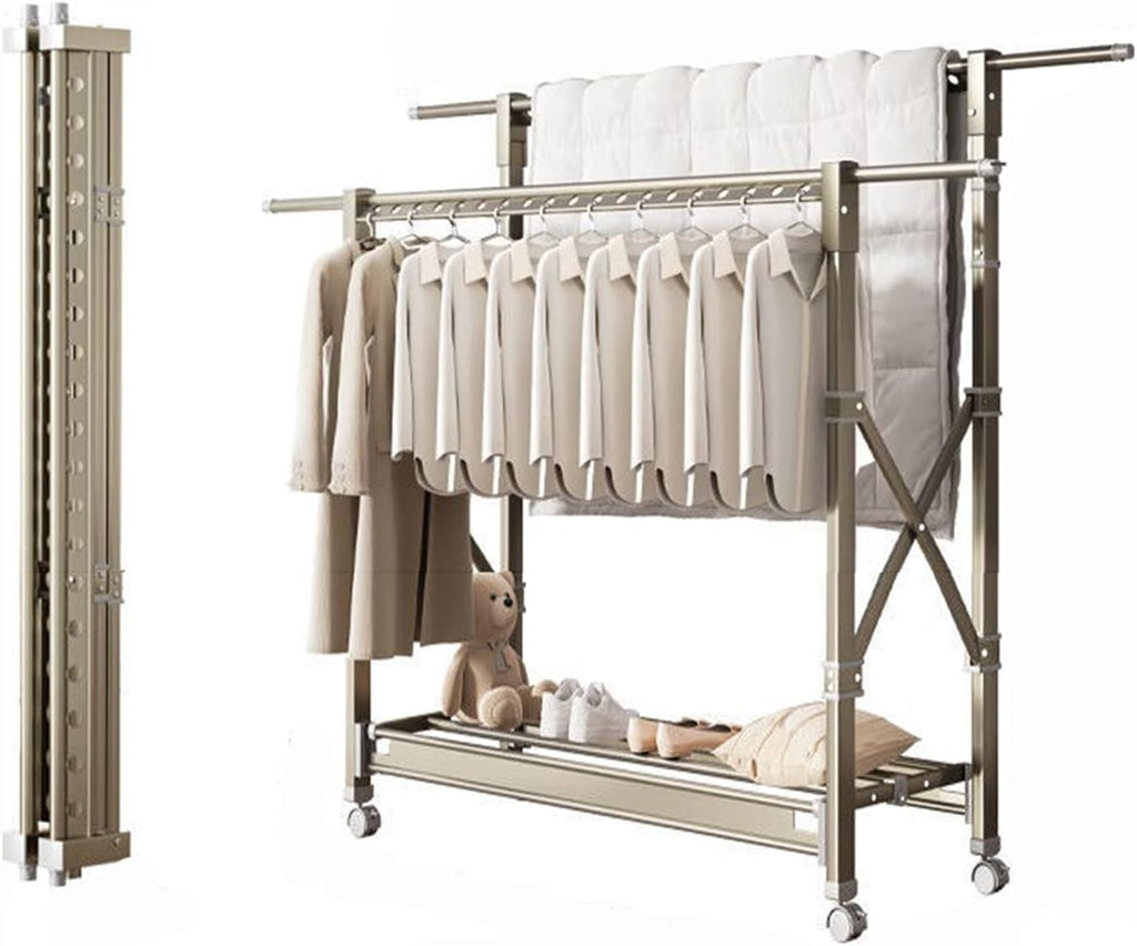 Coat Rack Hooks Double Clothes Rail Commercial Grade Garment Rack with Wheel, Heavy Duty Clothing Rails Adjustable Collapsible Rolling Clothes Rack(120-200cm)