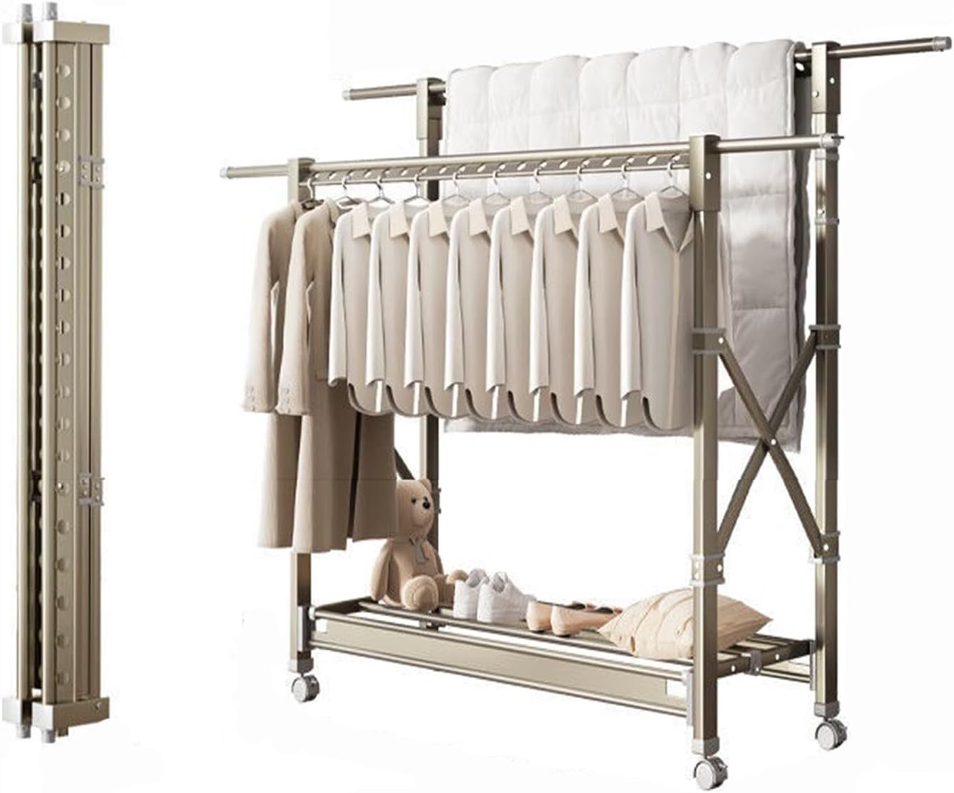 Coat Rack Hooks Double Clothes Rail Commercial Grade Garment Rack with Wheel, Heavy Duty Clothing Rails Adjustable Collapsible Rolling Clothes Rack(120-200cm)