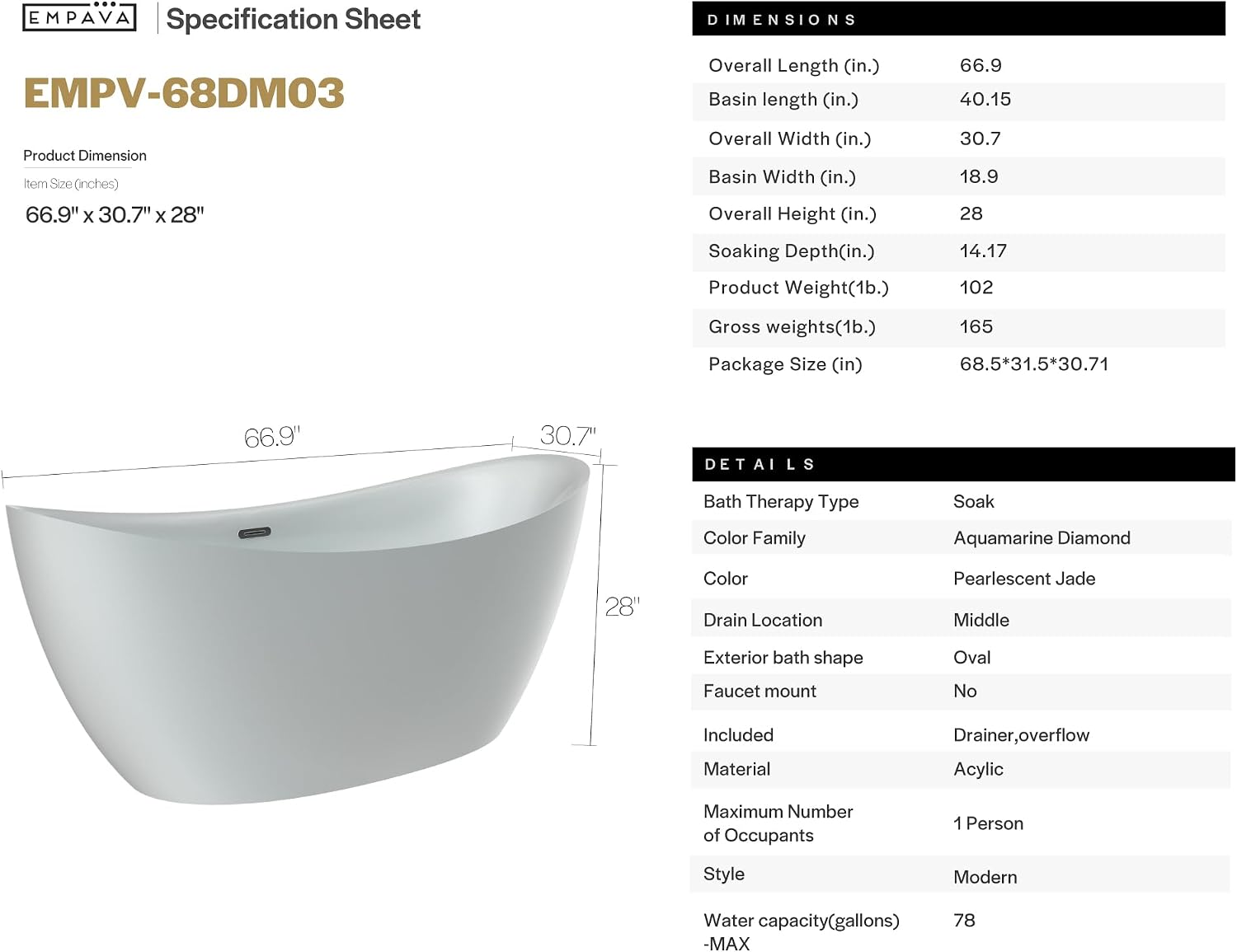 Empava PRO Series Freestanding Bathtub, Deep Soaking Acrylic Spa Tub for Adults, Sculptural Stand Alone Tub for Master Bathrooms, 67'