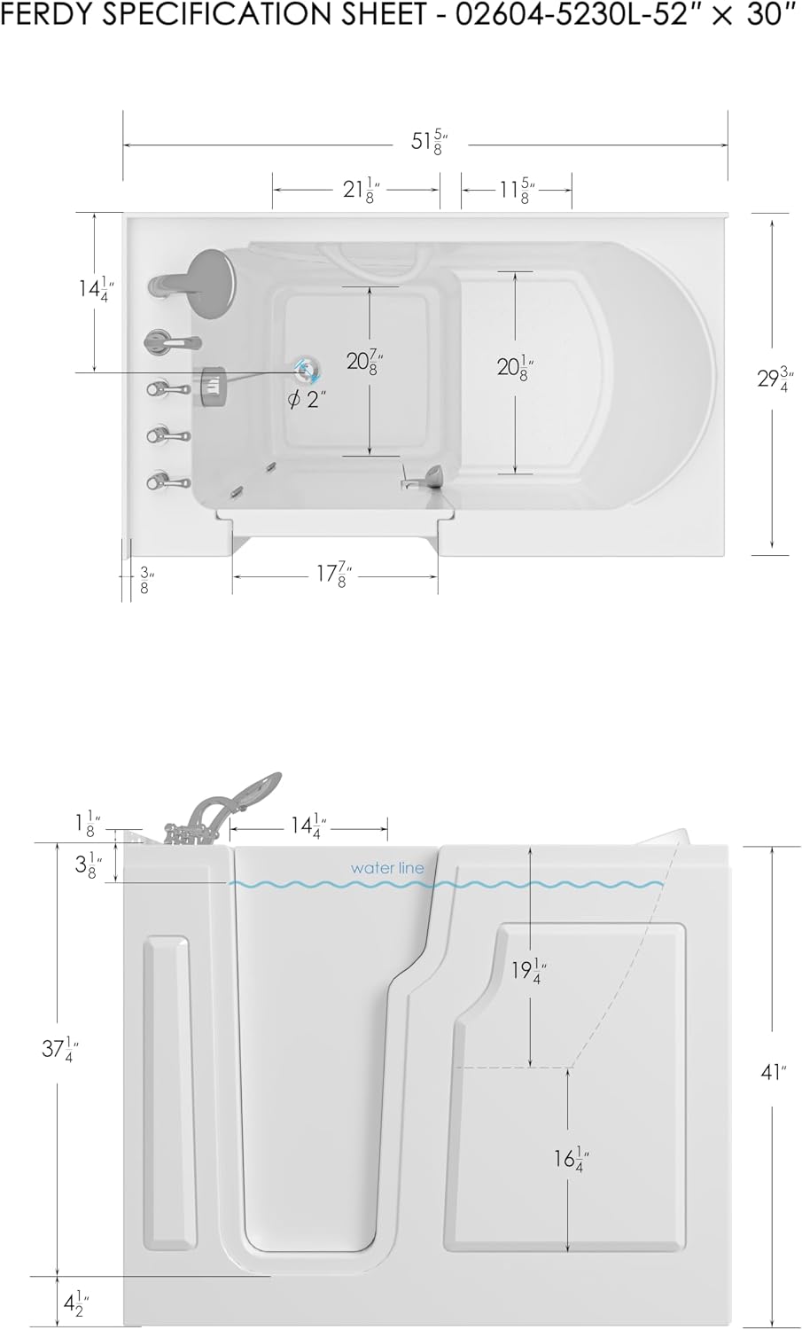 FerdY Floridian 52' x 30' Walk-in Bathtub with Left-Side Door Opening and Quick Fill and Drain System, Rectangular Soaking Bathtub in White