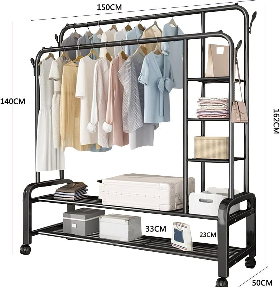 Metal Clothes Rail, Coat Rack Stand, Freestanding Garment Rack, Bedroom Clothes Drying Rack with Storashelf, for Home Office Indoor/Black