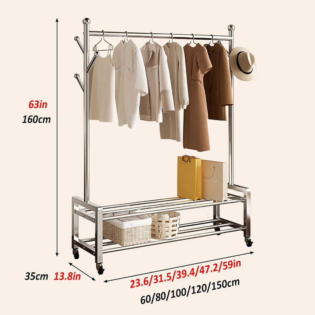 Heavy Duty Clothes Rack, Metal Garment Rack On Wheels, Rolling Portable Wardrobe Racks With Mesh Shelves For Hanging Clothes, Silver(60cm/23.6in)
