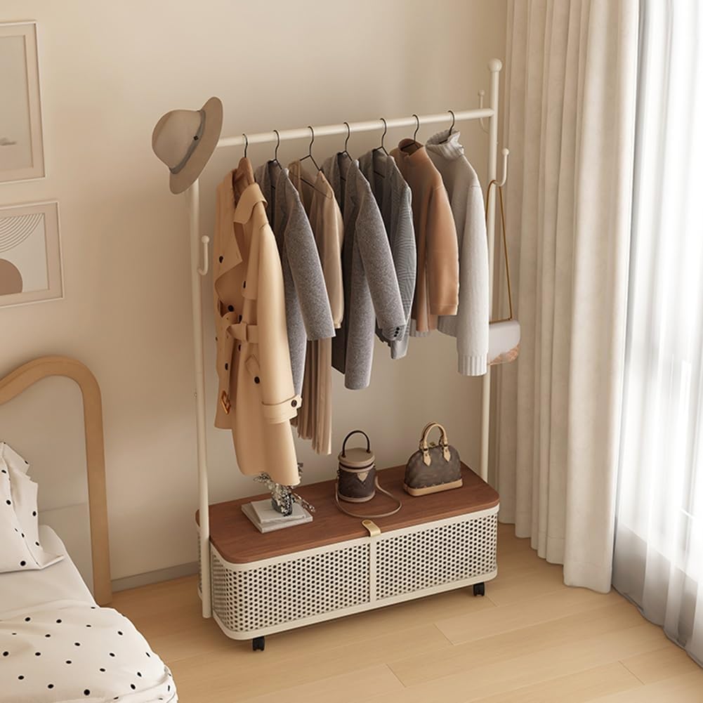 Organizer with Storage Box, Floor-Standing Garment Rack, Shoe Rack, Freestanding Metal Coat Rack Stand for Doorways, Bedrooms, Living Rooms(Natural,80cm)