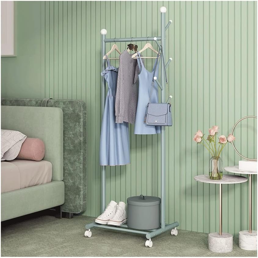 Single Rod Clothes Rack Small Rolling Clothing Garment Rack with Shelves for Hanging Clothes Heavy Duty Metal Wardrobe Rack Bedroom Storage Organizer Shelf (Green-55X43X170cm