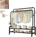 Rail Metal Double Pole Garment Rack Multifunctional,Heavy Duty Clothes Rail,Freestanding Rails Storage Shelves 4 Coat Hooks,Freestanding Rails with Wheels,for Bedroom,Office