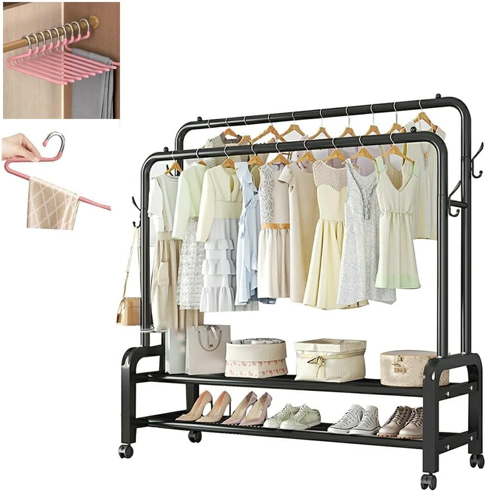 Rail Metal Double Pole Garment Rack Multifunctional,Heavy Duty Clothes Rail,Freestanding Rails Storage Shelves 4 Coat Hooks,Freestanding Rails with Wheels,for Bedroom,Office