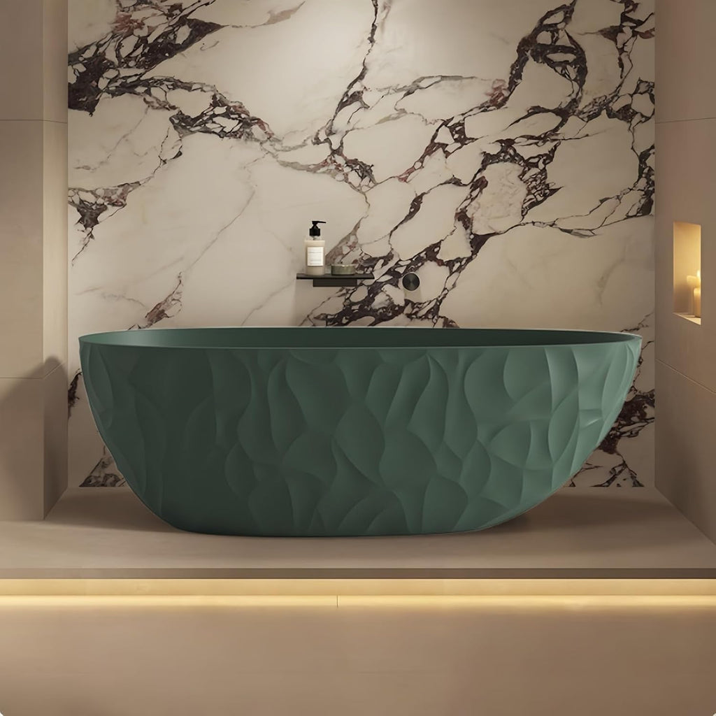 64' Edeyeu Luxury Freestanding Bathtub - Modern Soaker Tub Made of Premium PMMA Solid Surface, Extra Deep Freestanding Tub, Durable Stand Alone Bathtub for Contemporary Bathroom Design Green A