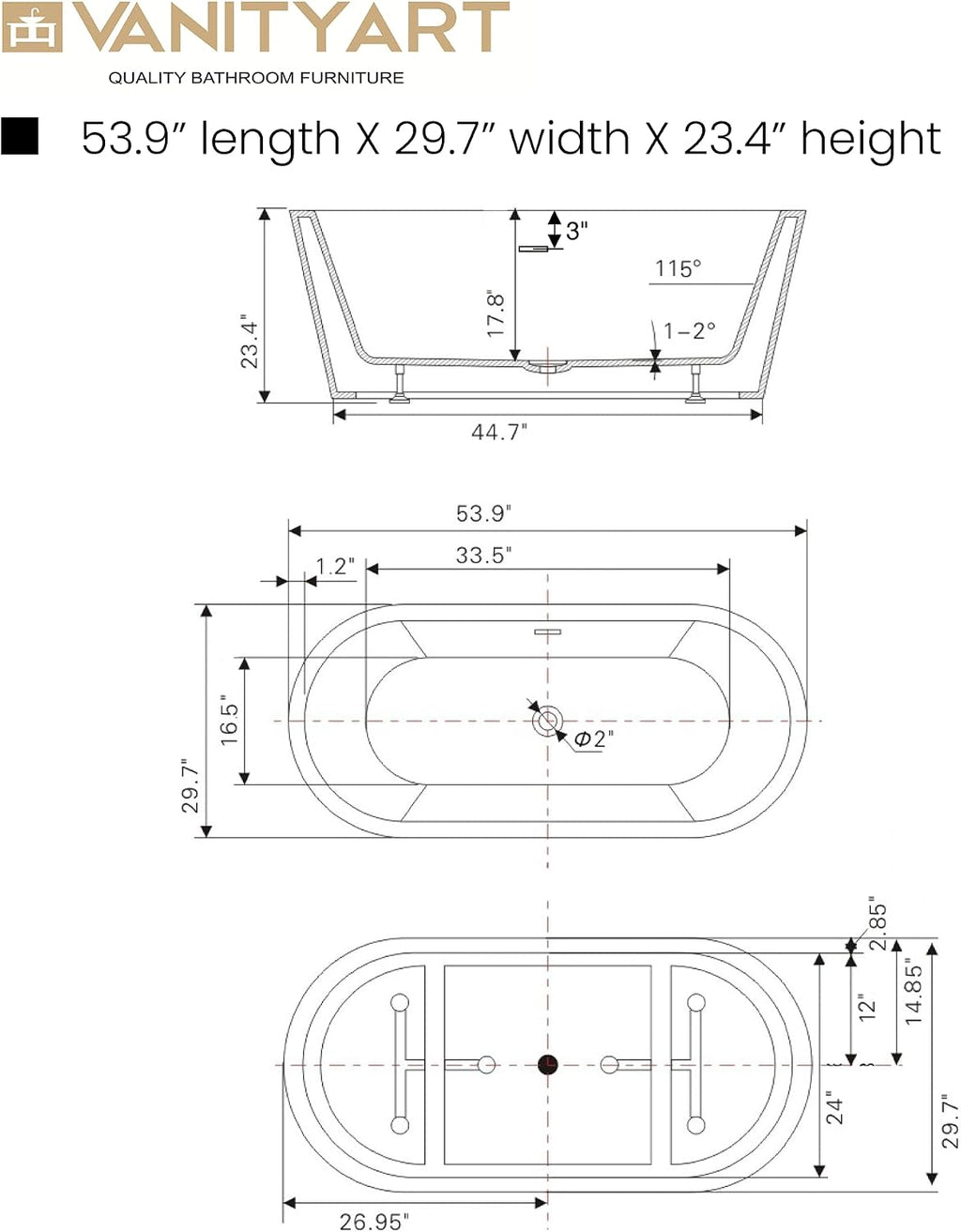 Vanity Art 54' x 30' Acrylic Freestanding Bathtub | Modern Stand Alone Soaking Tub with Overflow and Pop-up Drain, UPC Certified VA6815-XS-IO