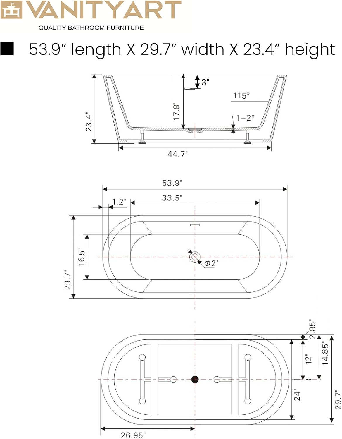 Vanity Art 54' x 30' Acrylic Freestanding Bathtub | Modern Stand Alone Soaking Tub with Overflow and Pop-up Drain, UPC Certified VA6815-XS-IO