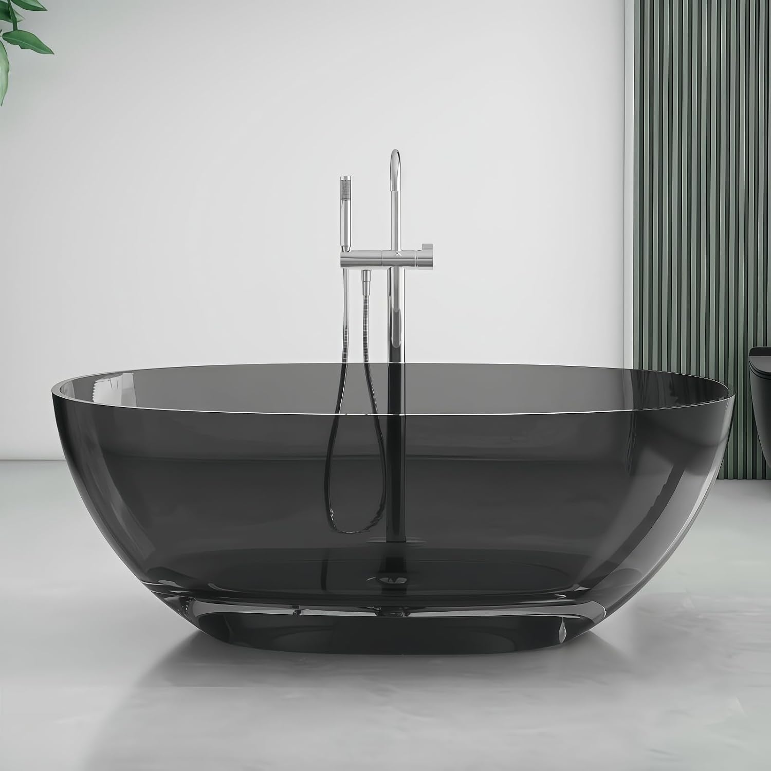 55' Edeyeu Freestanding Bathtub - Luxury Natural Resin Solid Surface Bathtub, Crystal Translucent Extra Deep Soaking Tub, High-End Stand Alone Free Standing Tub For Modern Bathroom Design Black