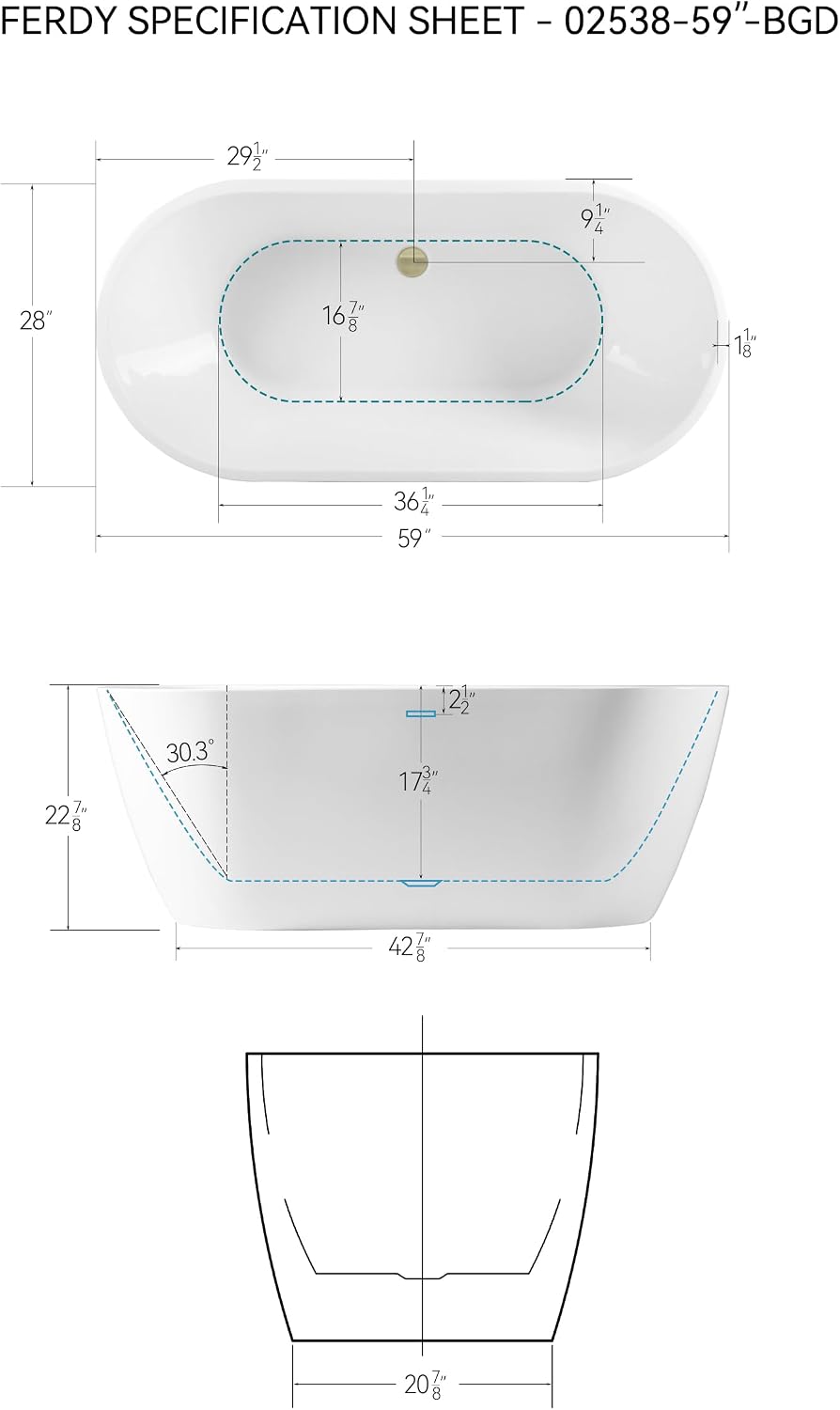 FerdY 59' Acrylic Freestanding Bathtub, Contemporary Soaking tub with Brushed Gold Drain, Elegant Oval Shape, cUPC Certified, Bali