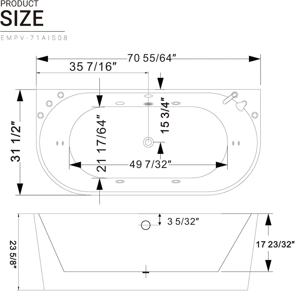 Empava 71' Freestanding Whirlpool Bathtub Oval with 8 Hydromassage Adjustable Water Jets Luxury Acrylic Massage SPA Soaking Bath Tub in White Double Ended