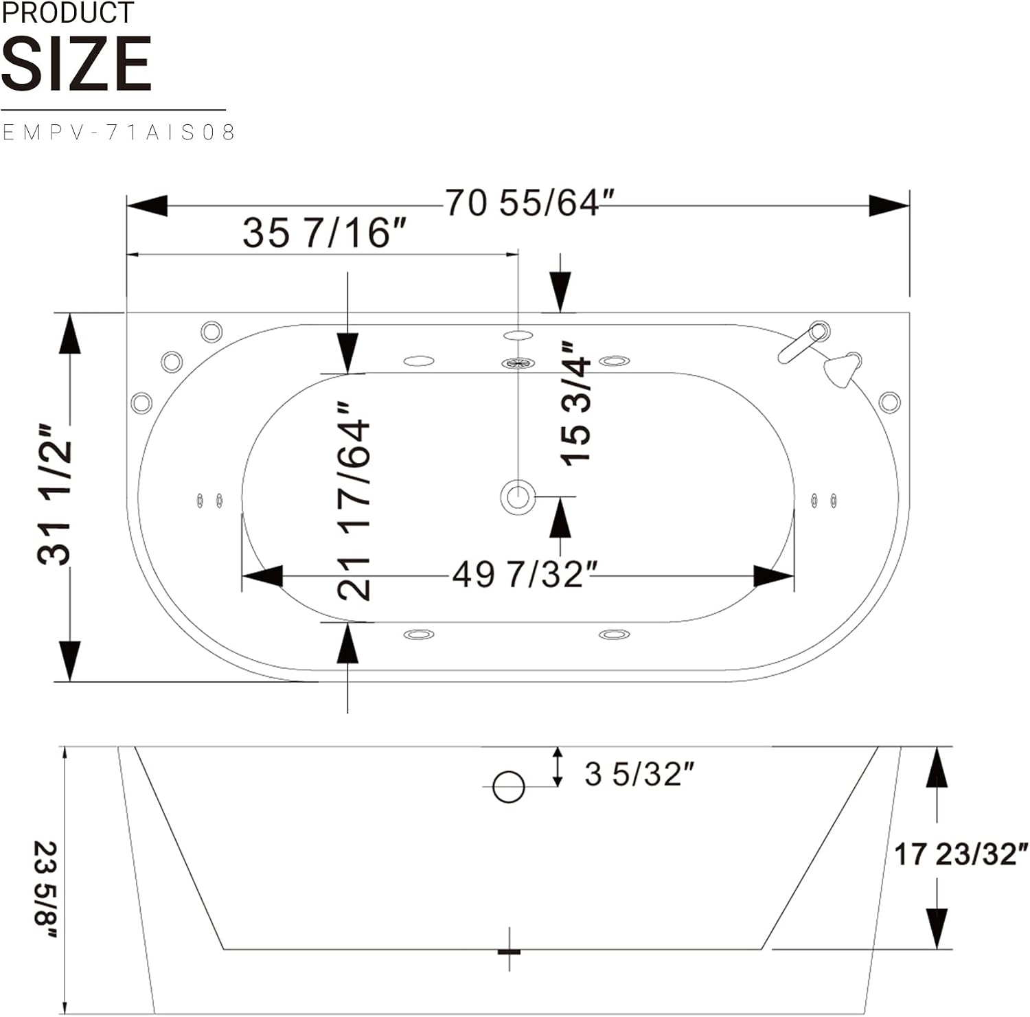 Empava 71' Freestanding Whirlpool Bathtub Oval with 8 Hydromassage Adjustable Water Jets Luxury Acrylic Massage SPA Soaking Bath Tub in White Double Ended