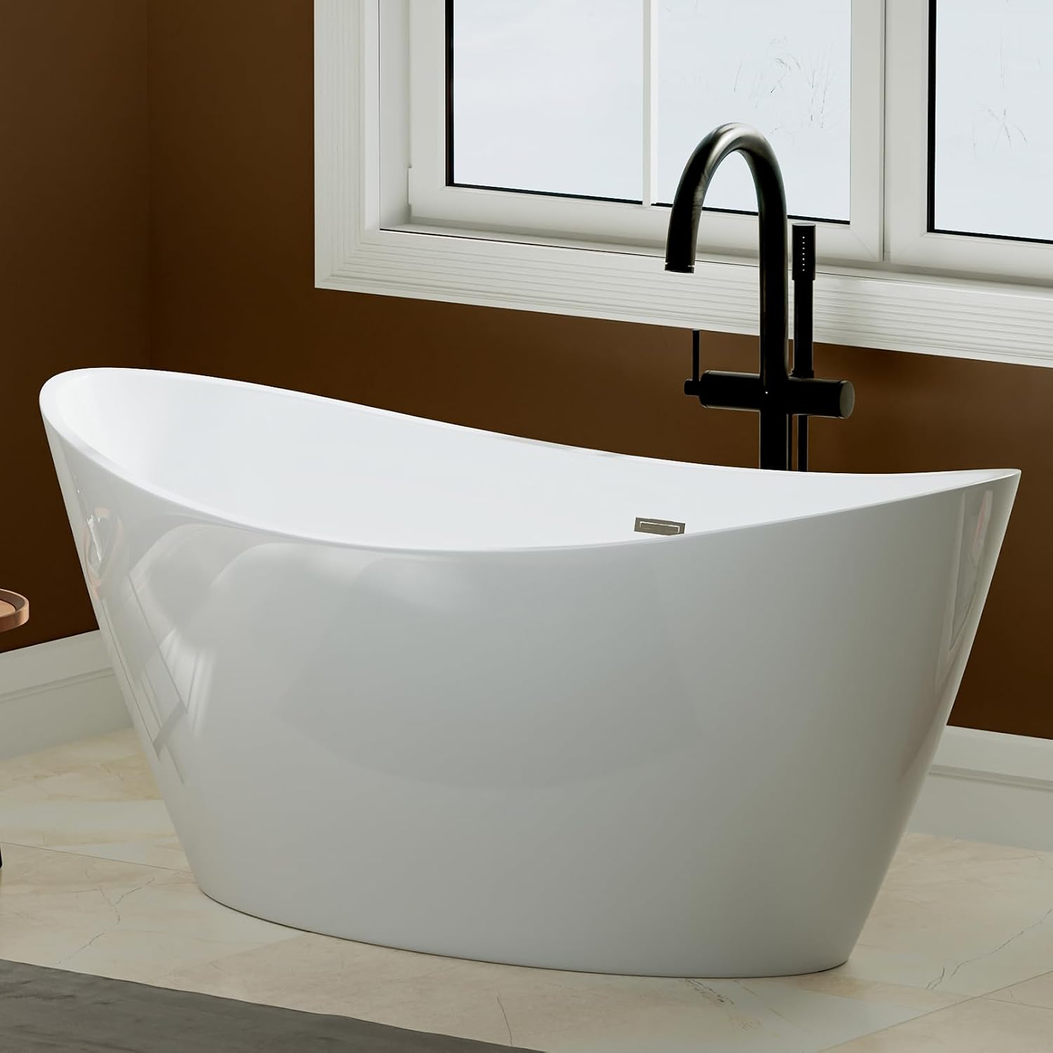 Empava 59' Freestanding Bathtub – Deep Soaking Acrylic Tub for Small Bathroom, Non-Slip Flatbottom, Stress Relief Home Spa, Brushed Nickel Drain & Overflow, Single Adult, Glossy White
