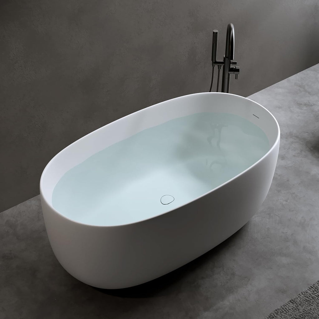 Favfurish 47' Freestanding Stone Resin Bathtub,Oval Shape Contemporary Soaking Tub w/Pop-Up Drain & Overflow, Compact Design for Small Spaces, Matte White