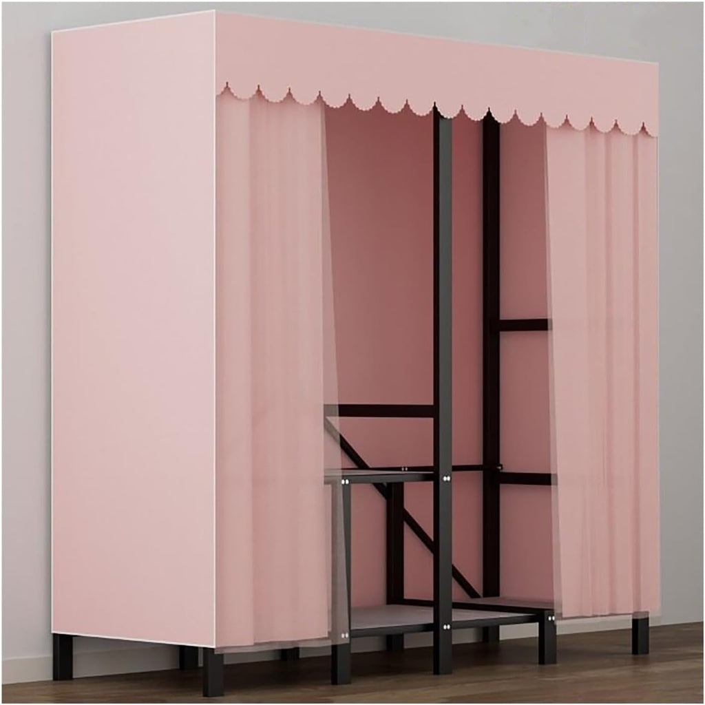 Metal Wardrobe Closet With Cover Clothes Rack Freestanding Metal Garment Rack For Hanging Clothes Foldable Clothes Coat Storage Organizer With Shelves(Pink2,193cm/76inch)