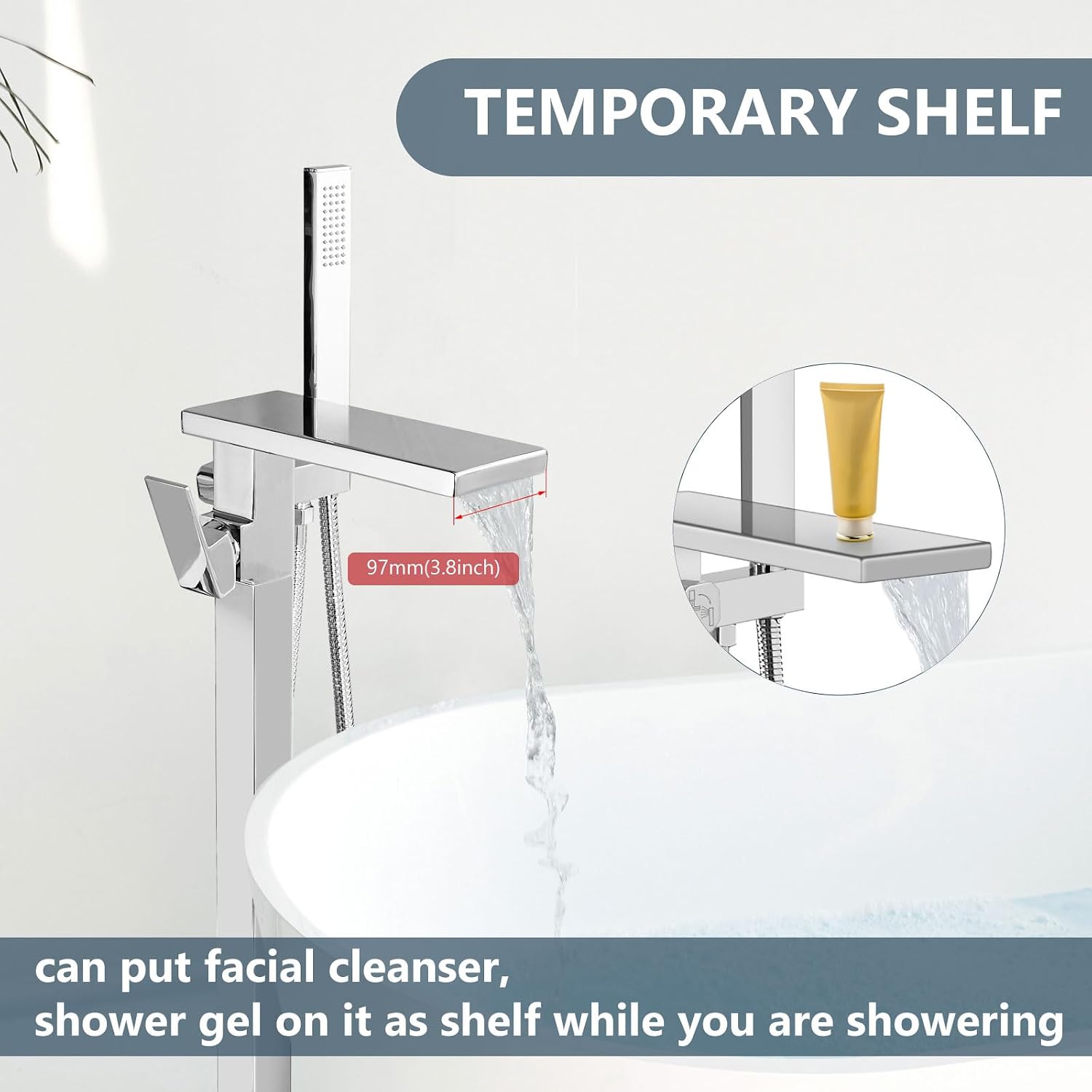 Aolemi Freestanding Bathtub Faucet Floor Mount Tub Filler with Handheld Spray Single Handle Free Standing Bathroom Faucets Swivel Flat Waterfall Spout Polish Chrome
