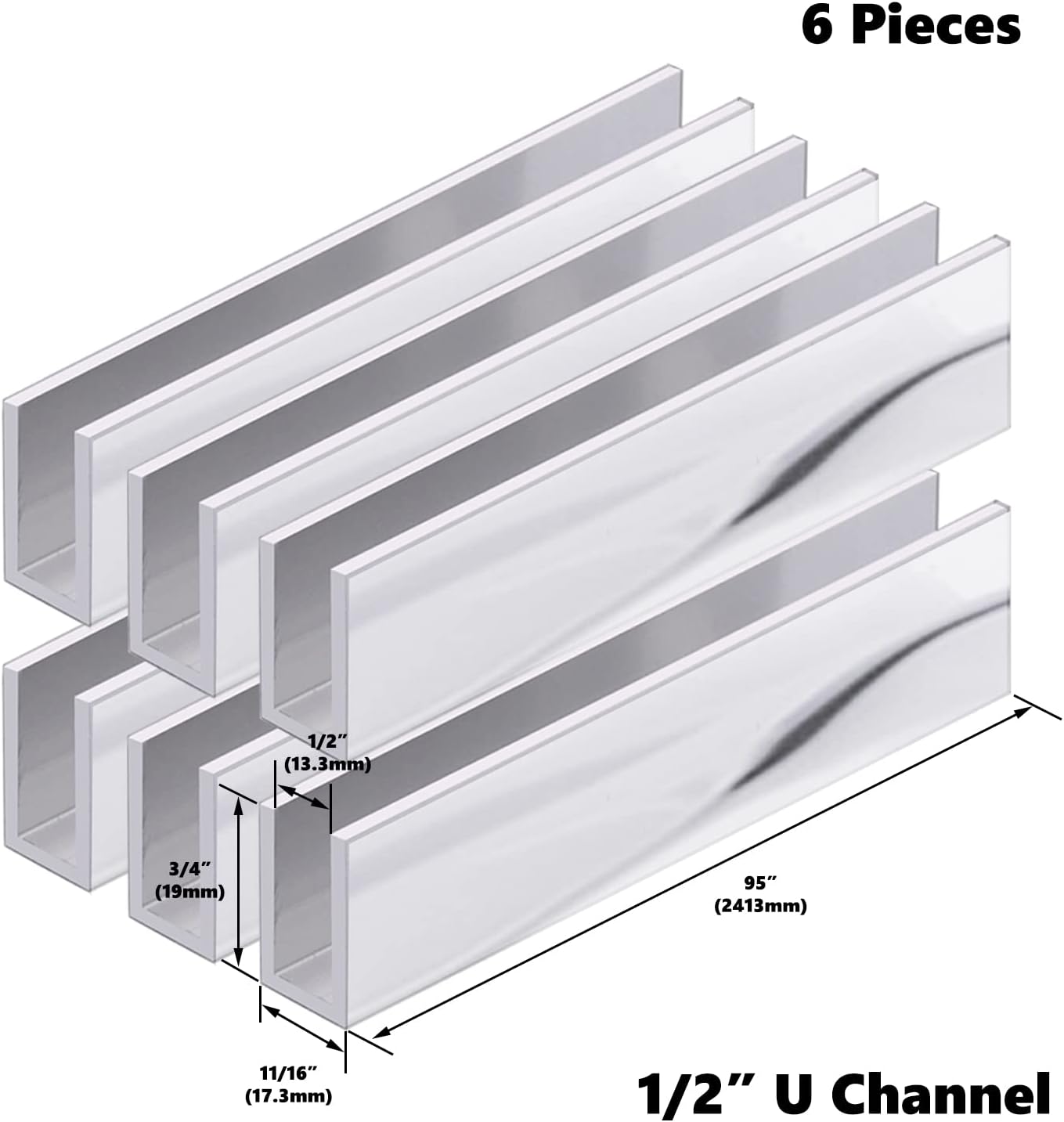 Aluminum Fixed Panel Shower Door U Channel for 1/2' Thick Glass 95 inches Length (6, Chrome Finish)