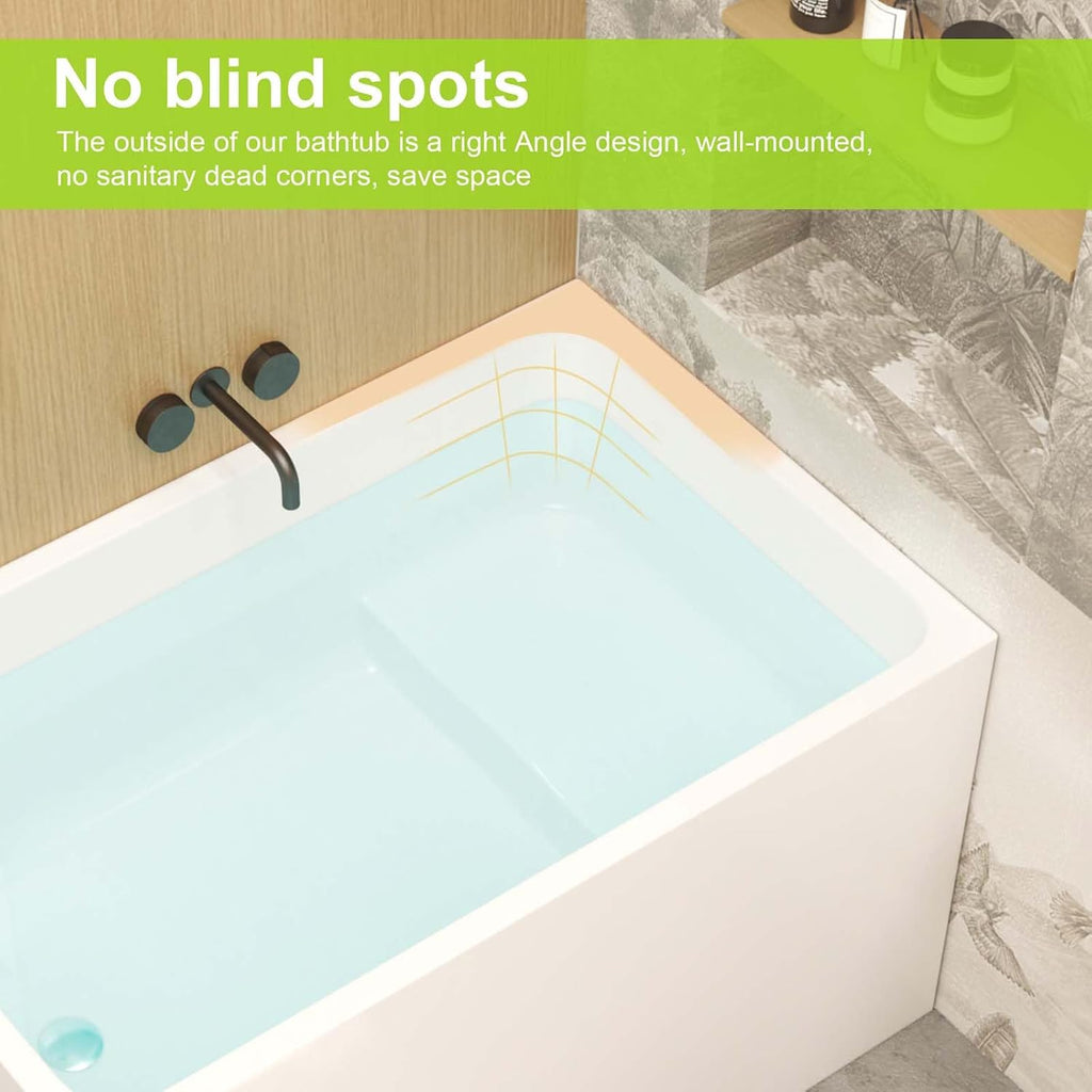43' Acrylic Freestanding Tub with Seat, Square Shape Soaking Bathtub with Chrome Overflow and Left Drain, Free Standing Acrylic Tubs White