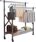 Heavy Duty Clothes Rack with Shelves and Wheels, Adjustable Height Rolling Garment Rack, Foldable Wardrobe Closet Rack, Portable Metal Clothing Rack