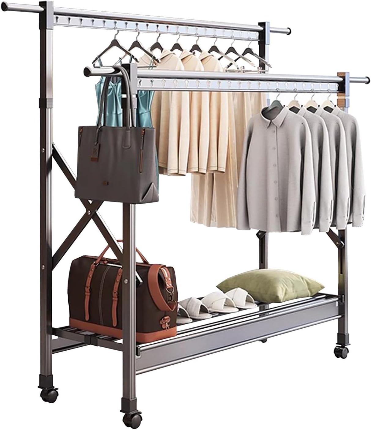 Heavy Duty Clothes Rack with Shelves and Wheels, Adjustable Height Rolling Garment Rack, Foldable Wardrobe Closet Rack, Portable Metal Clothing Rack