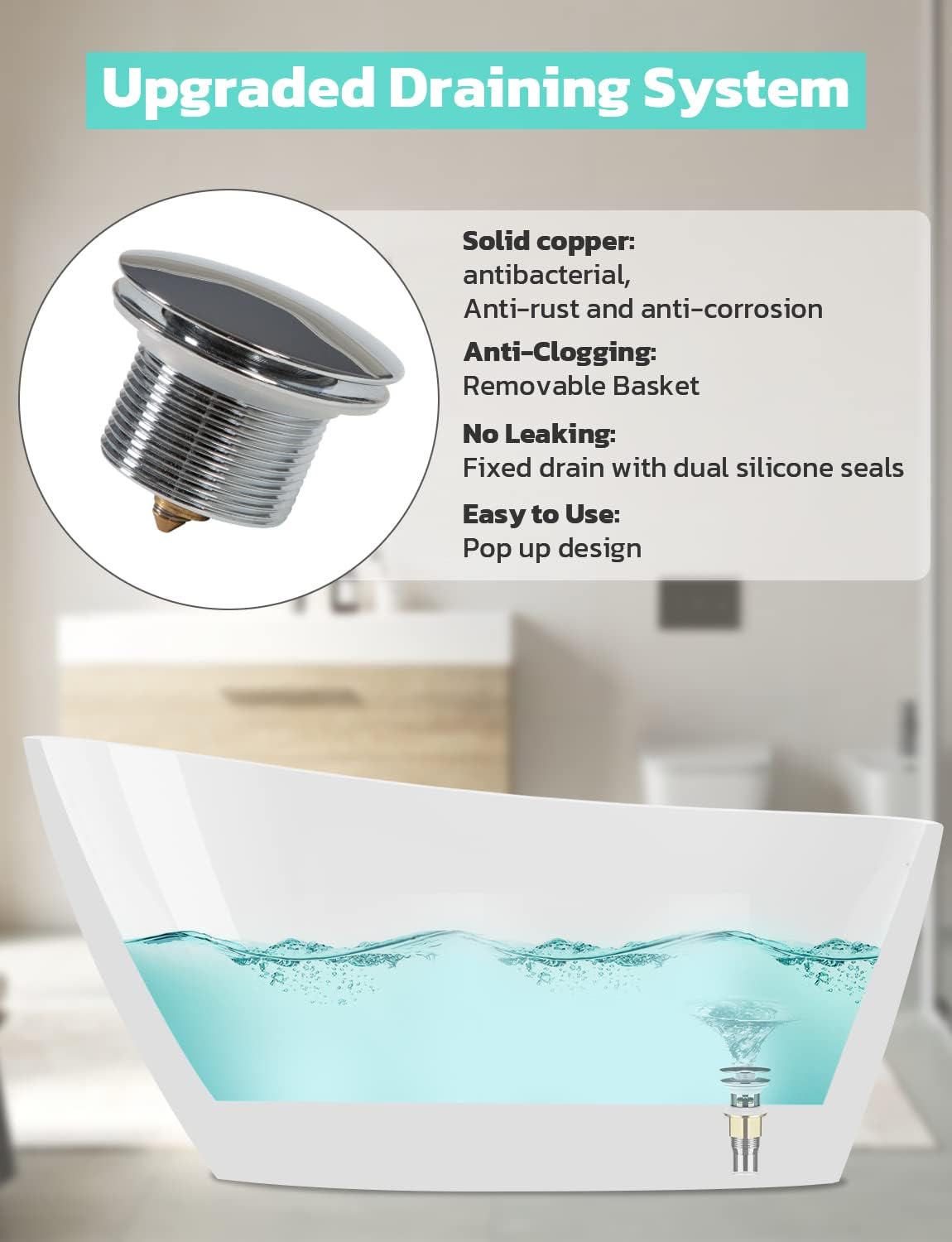 Zevemomo Freestanding Bathtub, 59 inch Acrylic Free Standing Soaking Bathroom Tub with brushed nickel-finished overflow and Anti-Clogging Drain, Easy Installation