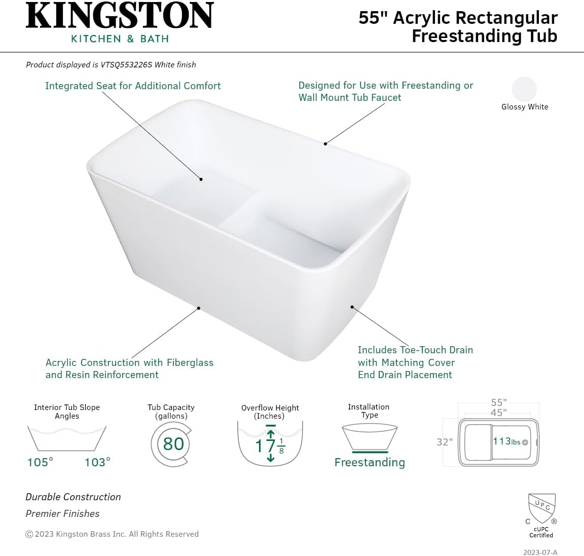 Kingston Brass VTSQ553226S Aqua Eden 55' Acrylic Freestanding Tub with Drain and Integrated Seat, Glossy White