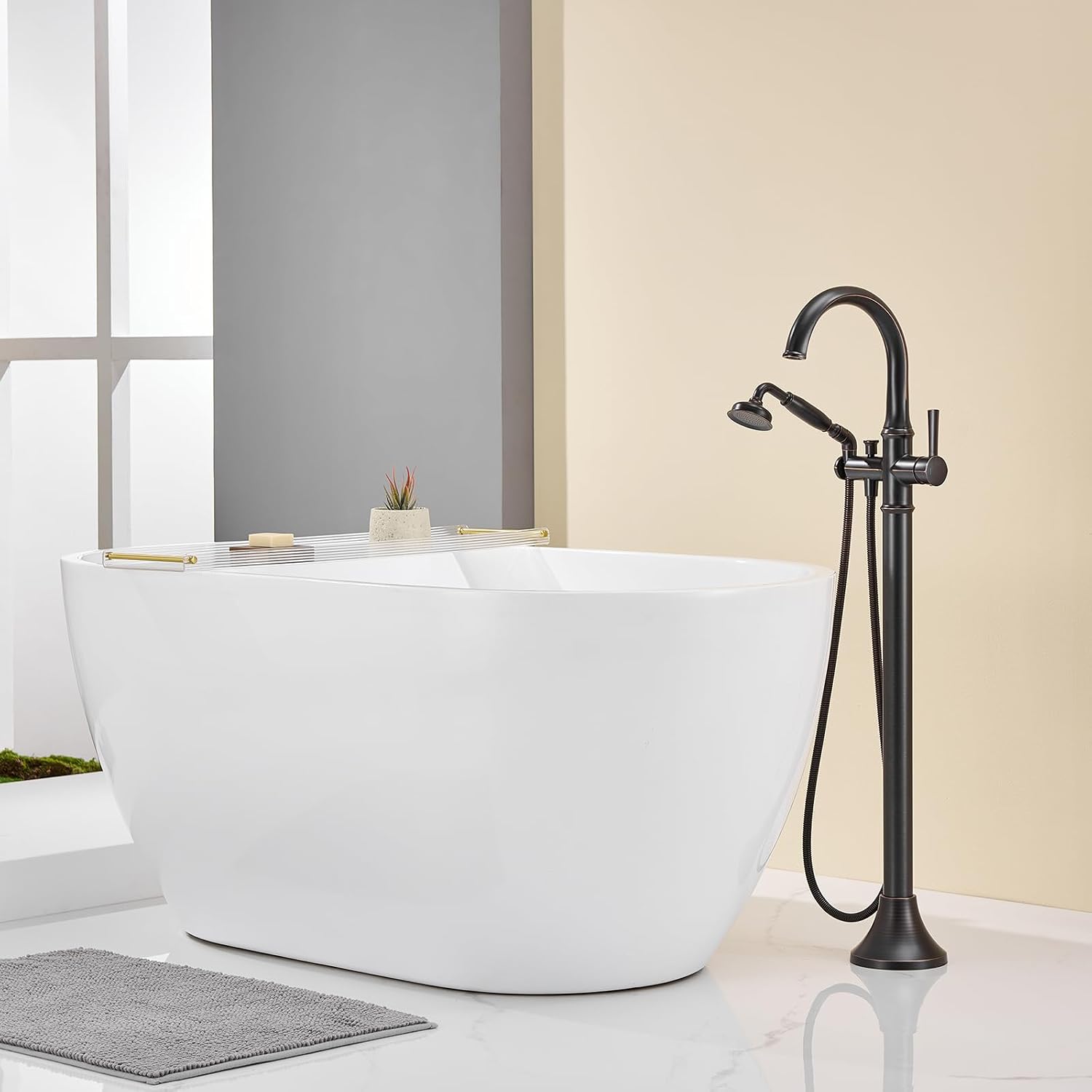 Wowkk Free Standing Tub Faucet Oil Rubbed Bronze Tub Filler Freestanding Bathtub Faucets Brass Tub Faucet with Hand Shower