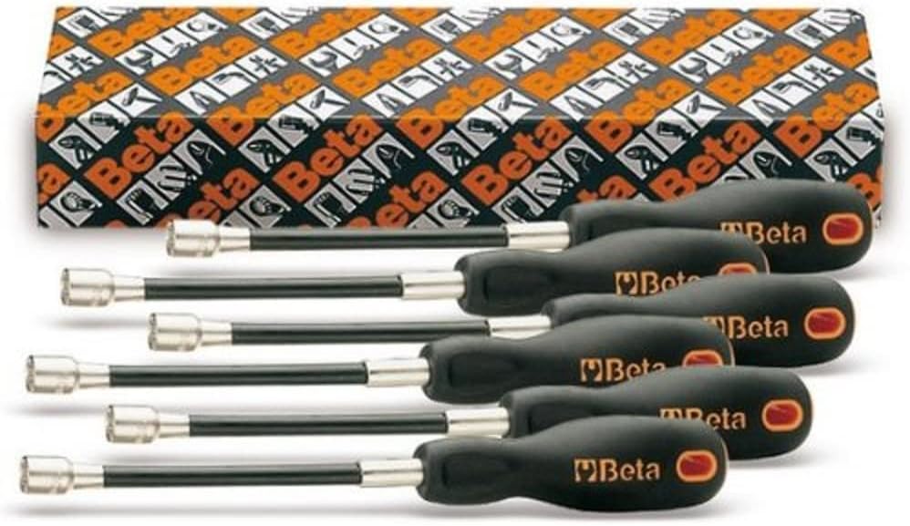 Beta 943FL 6‑Piece Flexible Shaft Nut Driver Set | Metric 5mm- 10mm | Ergonomic Handles| Hanging Lanyard Hole | Flexible Steel Shafts for Tight‑Space Access | Automotive & Mechanical Nut Drivers
