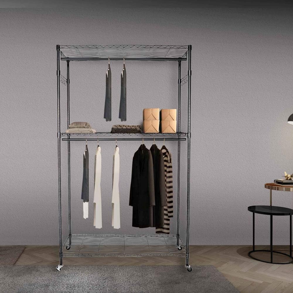 Garment Racks, 2Tier Rod Closet Organizer Garment Rack Clothes Storage Hanger Shelf Hooks Adjustable Wire Shelving Clothes Rack with Double Side Hooks, Freestanding Steel Wardrobe Rack
