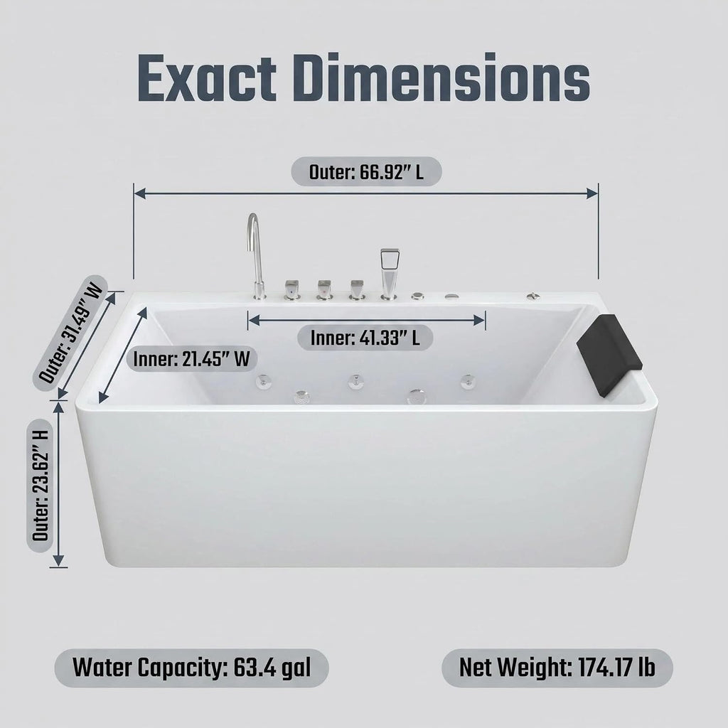 67'Acrylic Single Person Whirlpool Tub with Hydrotherapy Jets, LED Chromotherapy Lights, Soft Waterfall Spout, and 63-Gallon Capacity - Soaking Home Spa.