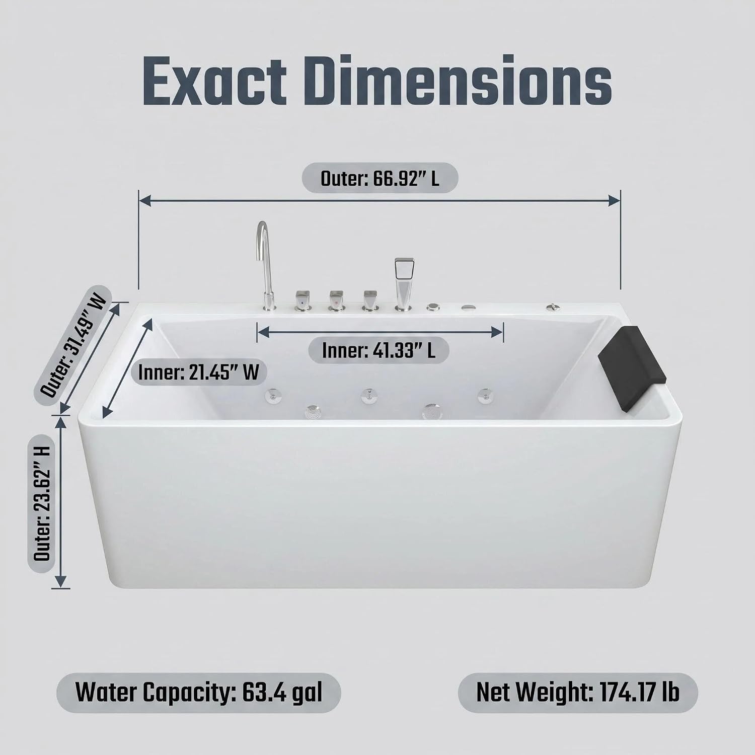 67'Acrylic Single Person Whirlpool Tub with Hydrotherapy Jets, LED Chromotherapy Lights, Soft Waterfall Spout, and 63-Gallon Capacity - Soaking Home Spa.