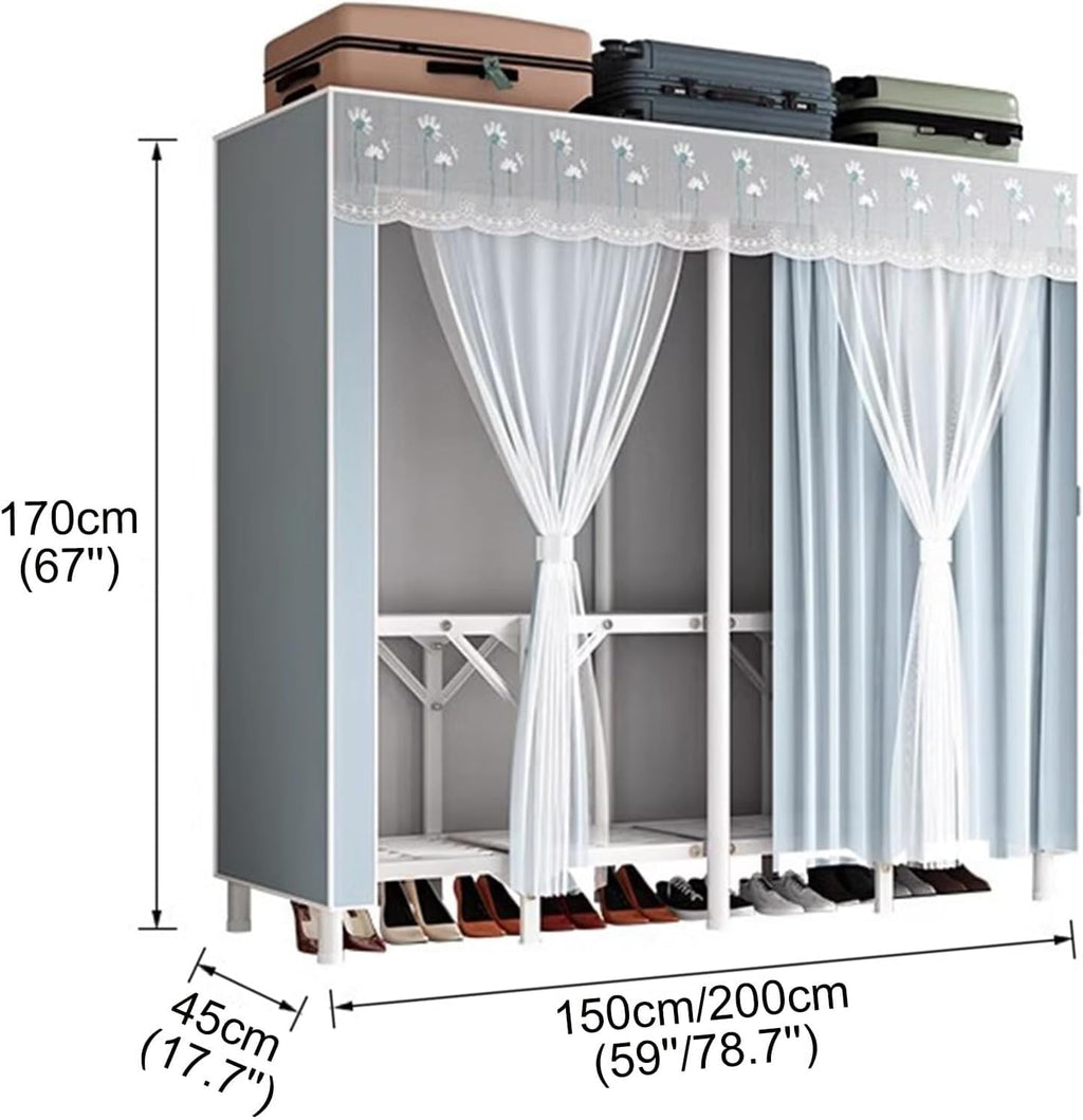 Metal Freestanding Armoire Wardrobe Clothes Rack with Fabric Cover, Portable Wardrobe Closet for Hanging Clothes, Large Capacity Garment Rack Clothes Organizer with Shelves,