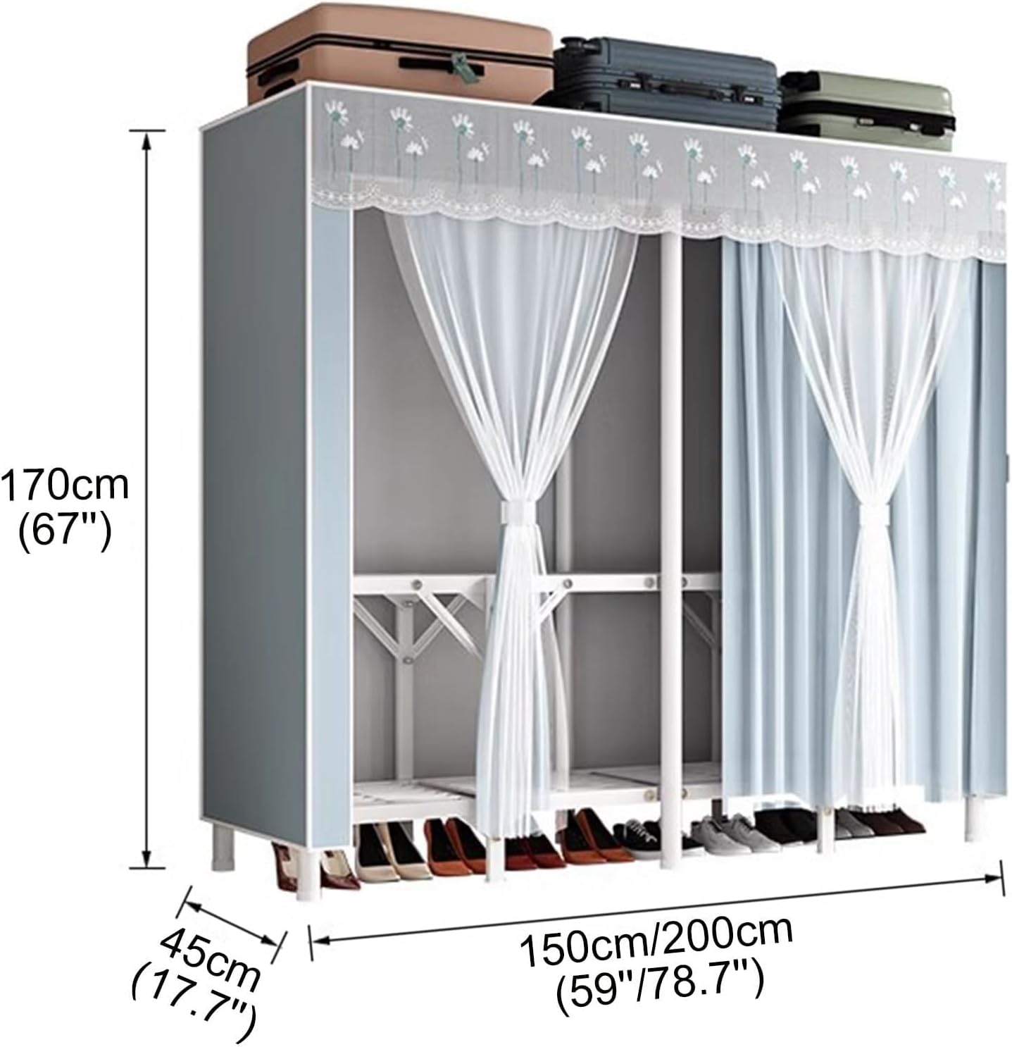 Metal Freestanding Armoire Wardrobe Clothes Rack with Fabric Cover, Portable Wardrobe Closet for Hanging Clothes, Large Capacity Garment Rack Clothes Organizer with Shelves,