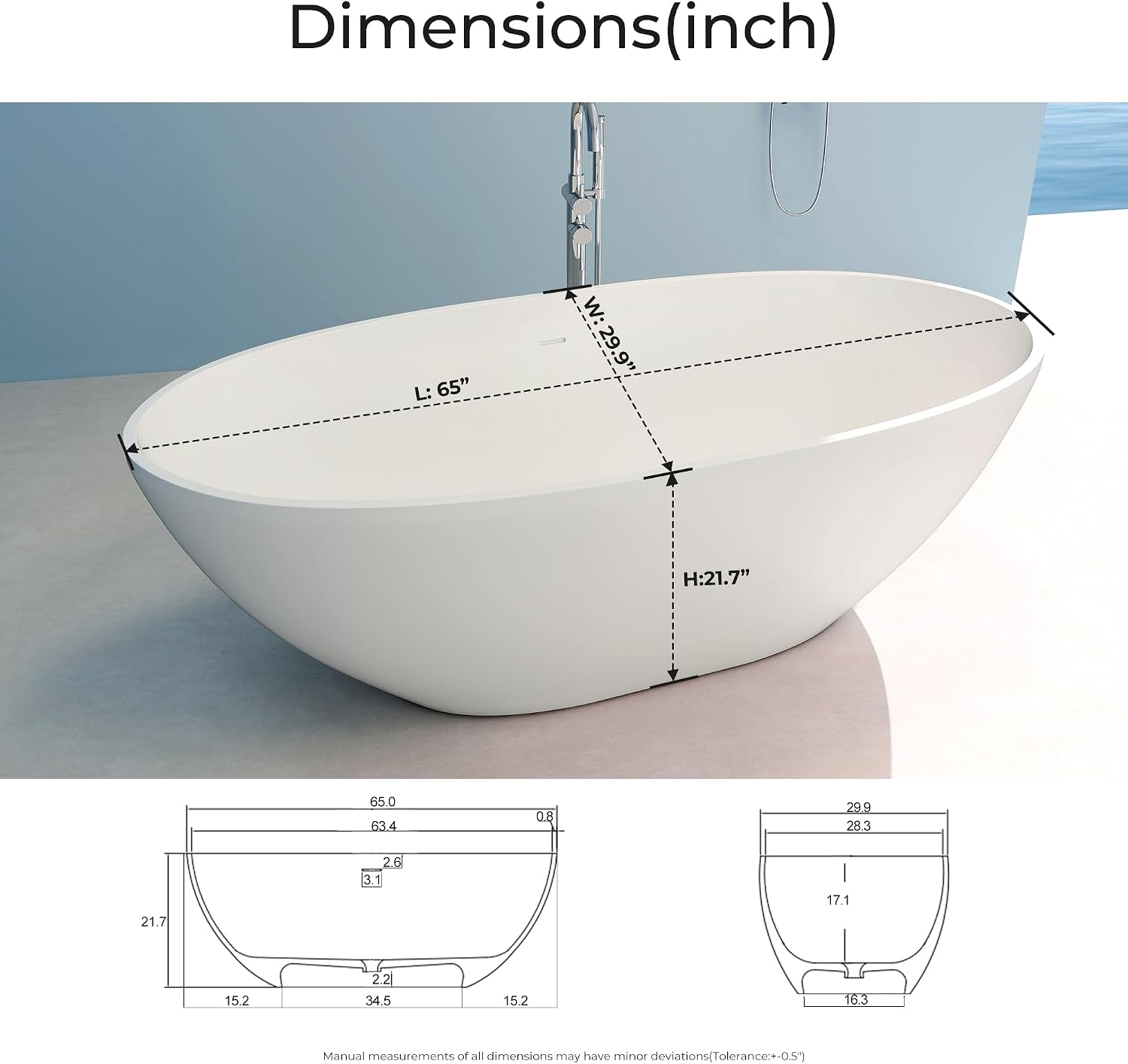 Upgraded 65' Solid Surface Freestanding Bathtub, Oval Stone Resin Tub with Overflow and Pop-up Drain, Matte White