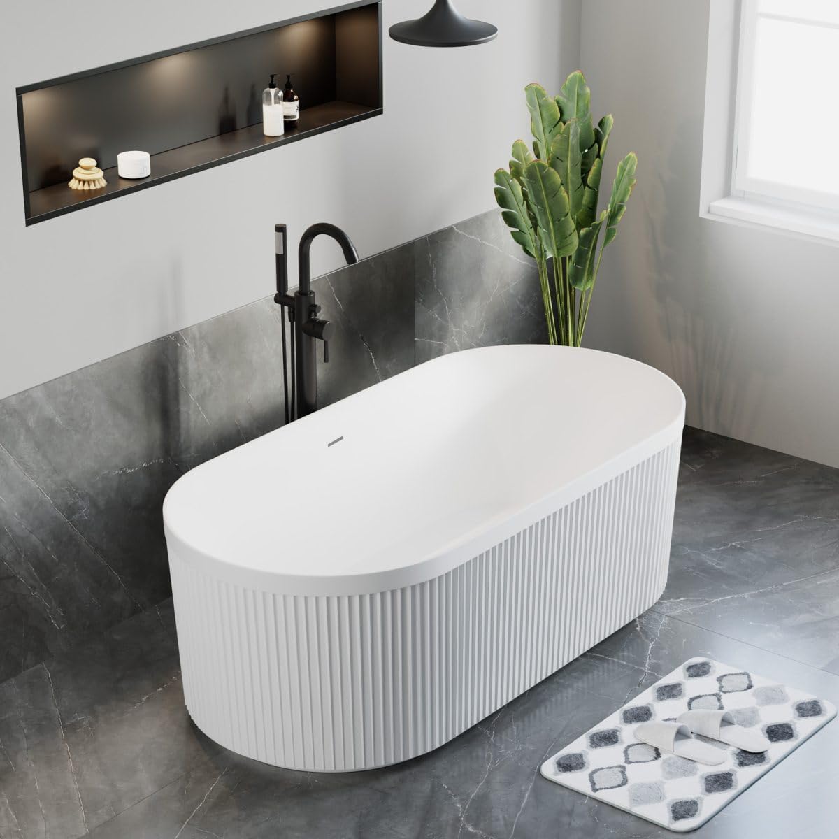 Dowell 67' x 31' Freestanding Bathtub, Acrylic Soaking Tubs, Fluted Design Oval Shape Bathtub W,Matte White-081 6731 01