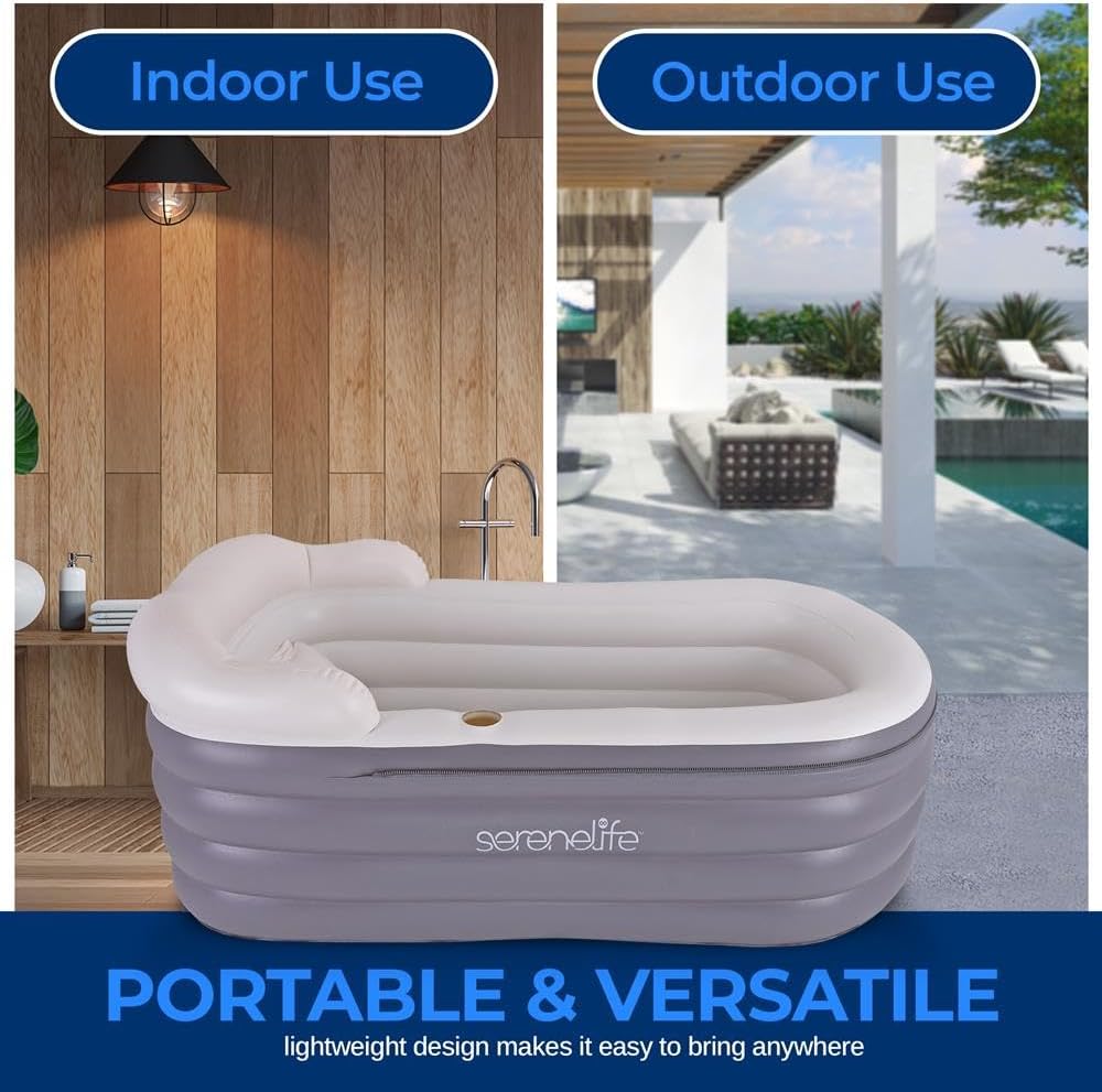 SereneLife Inflatable Bathtub with Bubble Massage Mat, Non-Slip, Backrest Support, Includes Pillow, Cup Holder, Remote Control, Easy Storage, PVC Material, Supporting Up To 345 lbs., ‎66'x30'x26'