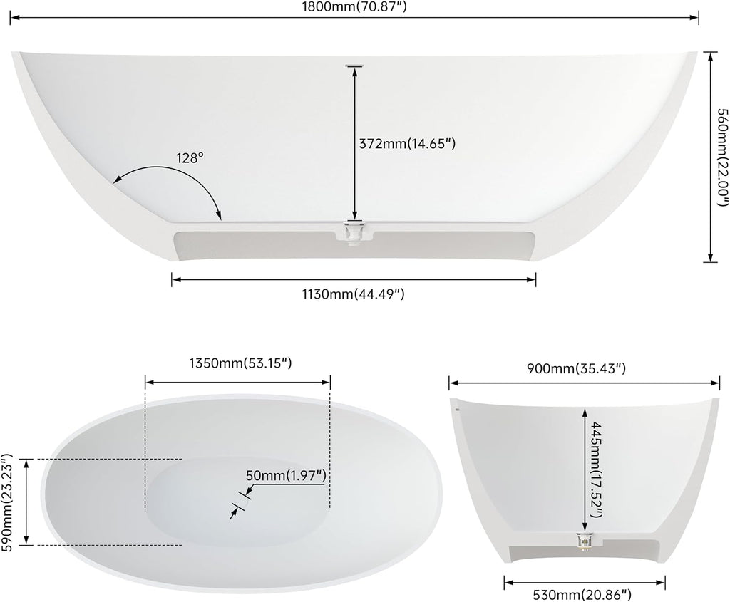 71' Stone Resin Freestanding Bathtub, Solid Surface Free Standing Tub, Soaking Tub with Overflow and Pop-up Drain in White, 2 Person Bathtub