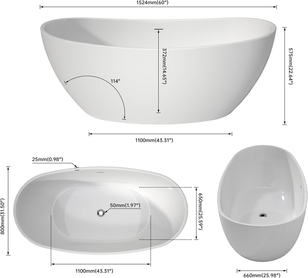 60' Acrylic Free Standing Tub, Freestanding Bathtub, Stand Alone Tub, Soaking Tubs for Bathroom, Integrated Overflow and Drain, cUPC Certified, Gloss White