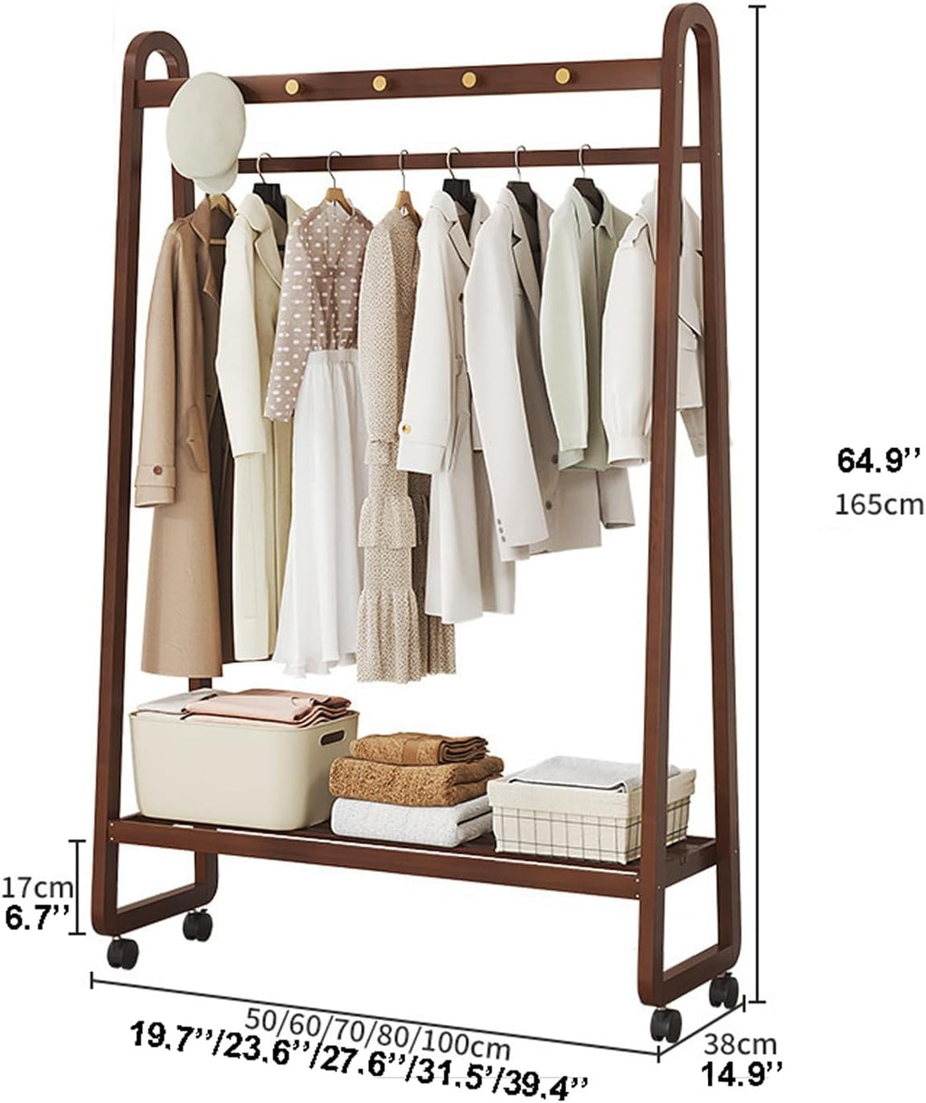 Bamboo Clothes Rack Freestanding Coat Rack Stand Portable Clothing Rack w/Storage Shelf and Hanging Rod Rolling Garment Rack w/Wheels for Entryway